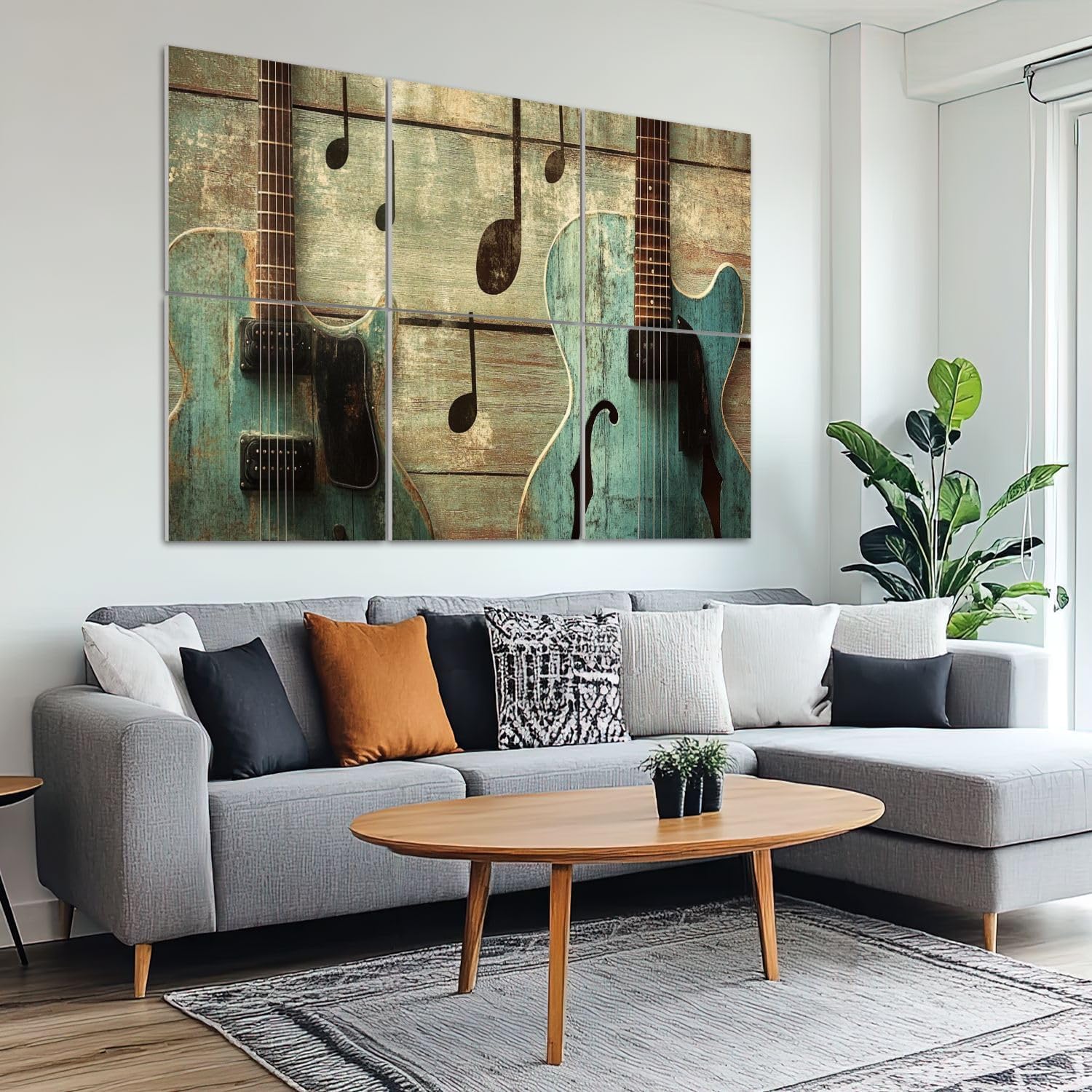 6 Pack Art Acoustic Panels Sound Absorbing Modern Blue Guitar Musical Themed Electric Guitars Notes Wooden Decorative Soundproof Wall Panels Self Adhesive for Recording Studios Office 72