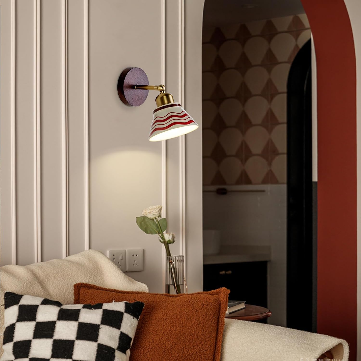 Vintage Ceramic Wall Sconce Lighting, Modern Bathroom Vanity Light Fixtures with Wood Base, Brushed Gold Wall Mount Lamp, Hardwired Farmhouse Wall Lights for Bedroom Bedside Hallway