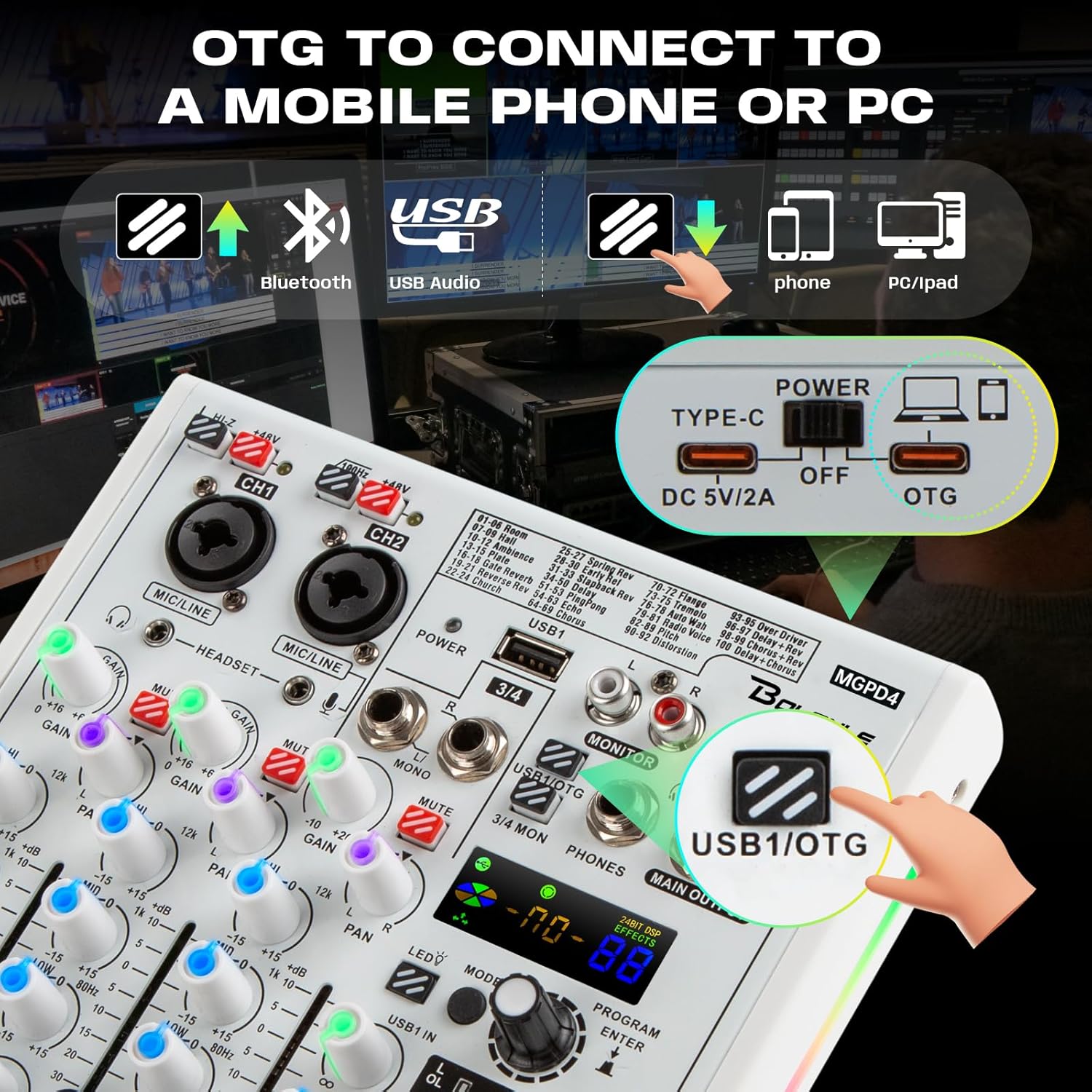 Bolanle 4-channel Mixer Professional Audio Mixer with Built-in Sound Card and Recording Function, USB Audio Interface/Bluetooth, Suitable for Podcasting, Karaoke, Studio