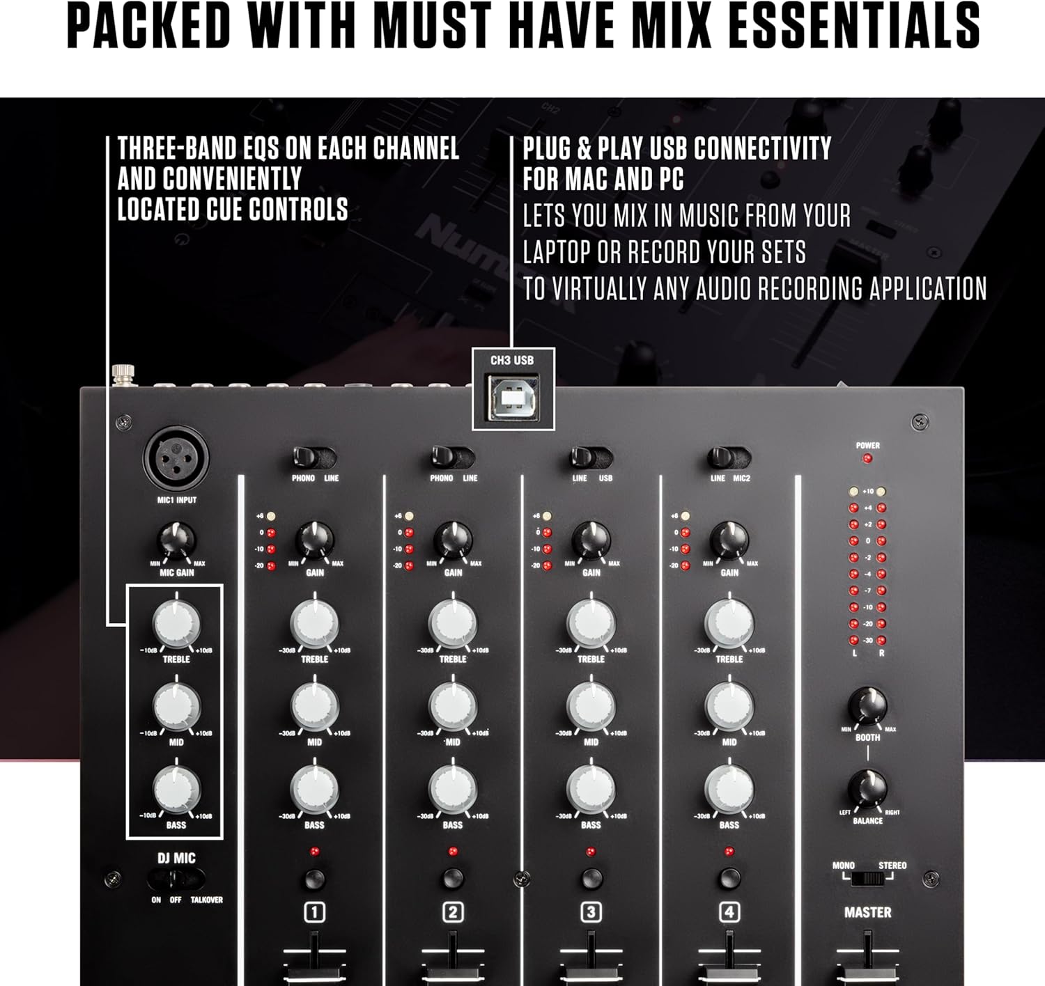 Numark M6 USB - 4-Channel DJ Mixer with Built-In Audio Interface, 3-Band EQ, Microphone Input and Replaceable Crossfader with Slope Control