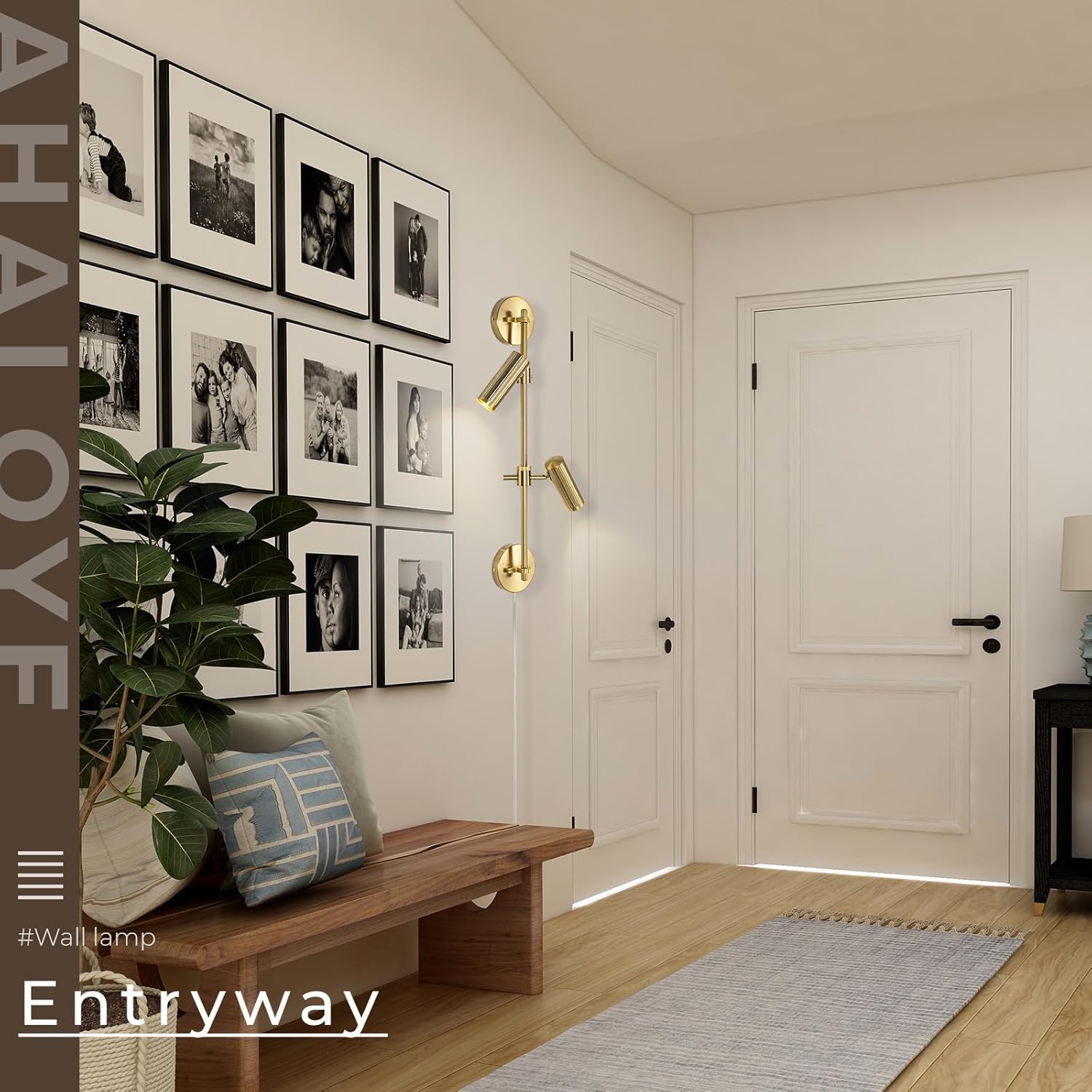 Gold Plug in Wall Sconces, 3 Lights Wall Mount Lamp with Rotatable Shade 3000K Warm White Wall Light for Bedroom Living Room Picture Light (Bulb Included)