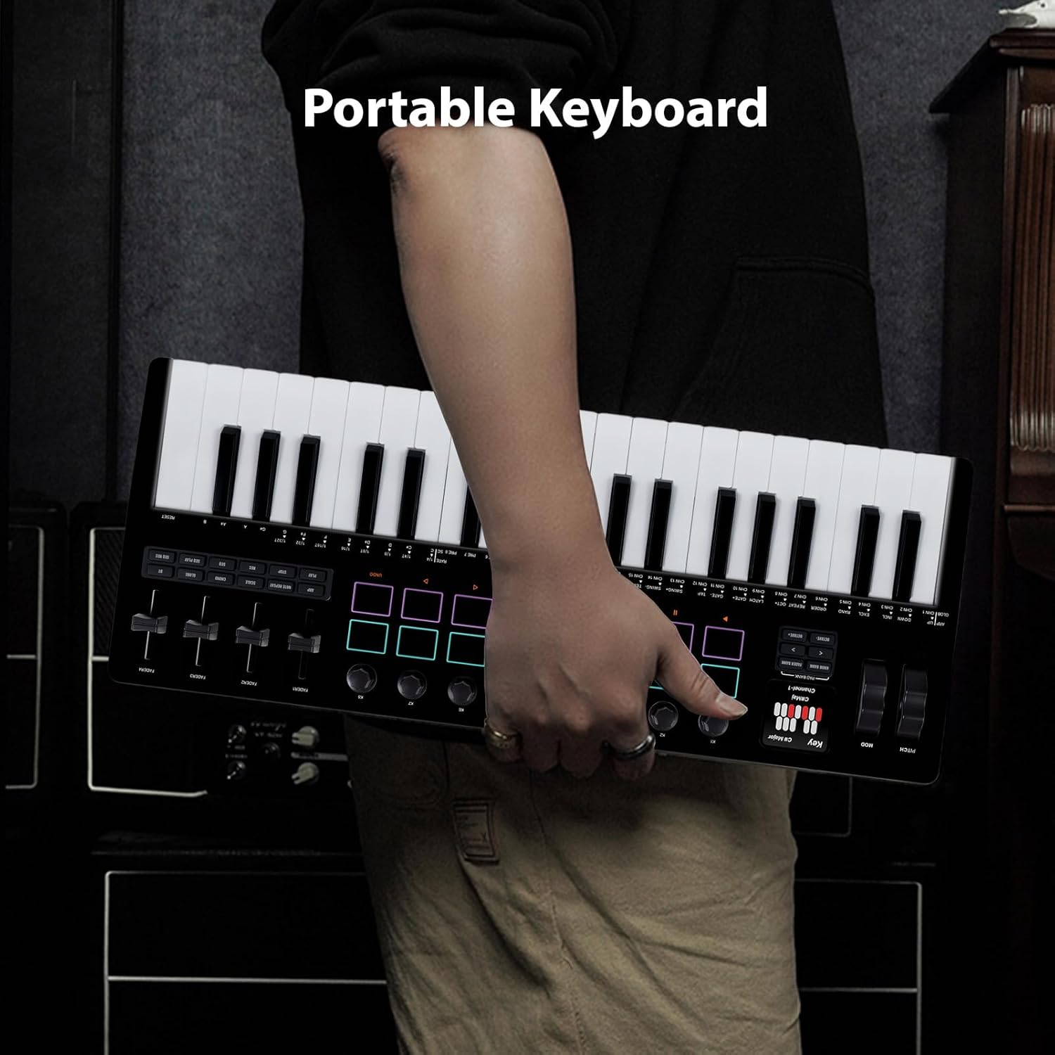 Alomejor Keyboard Piano, 37 Key USB MIDI Keyboard Controller, 16 RGB Backlit Drum Pads 8 Knobs 4 Faders Built in Sound Source Synthesizer Engine