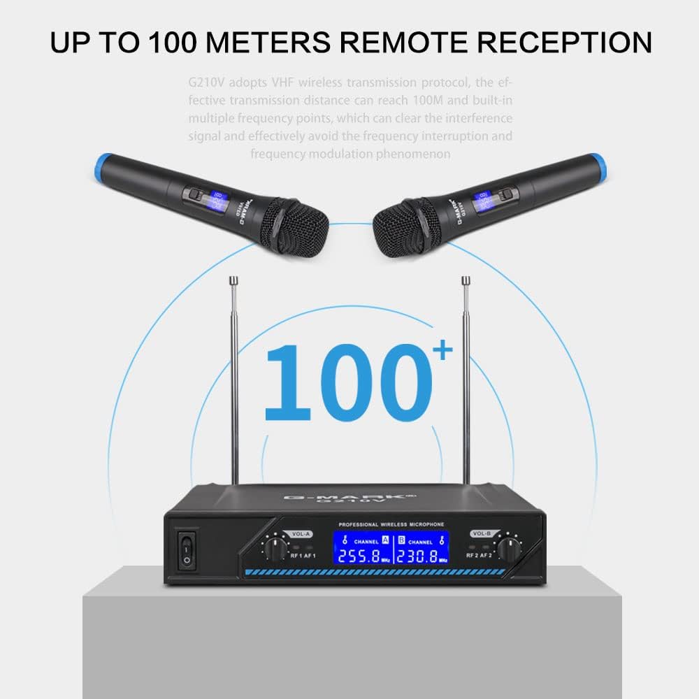 G-MARK G210V Wireless Microphone, Metal Dual Professional VHF Cordless Dynamic Mic Handheld Microphone System for Home Karaoke, Meeting, Party, Church, DJ, Wedding, Home KTV Set, 200ft