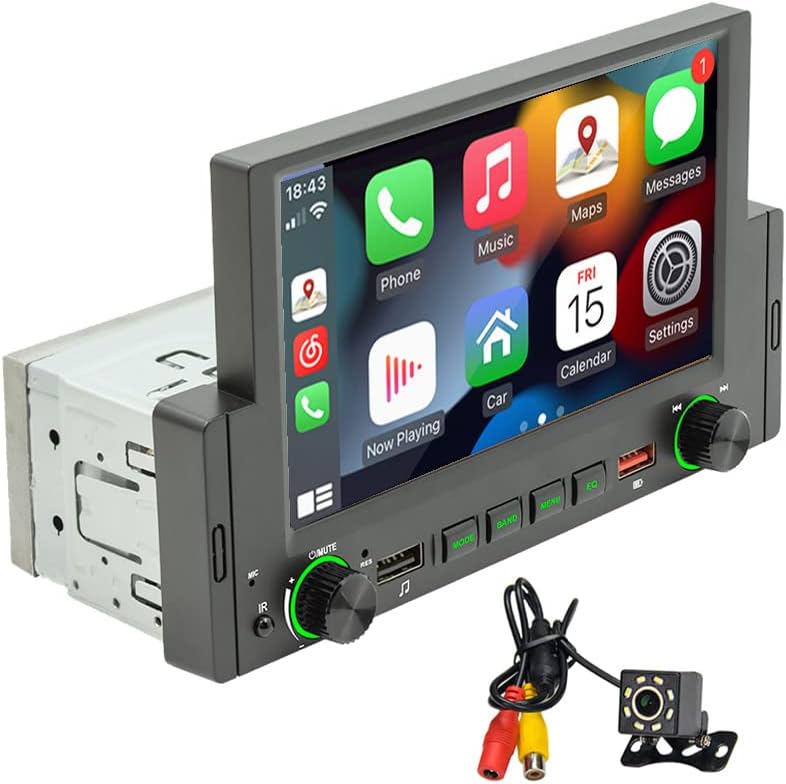 1Din Car Radio Android Auto/CarPlay Mirror Link 6.2 inch Touch Screen Reverse Image Bluetooth FM USB Colourful Light+8LED Camera