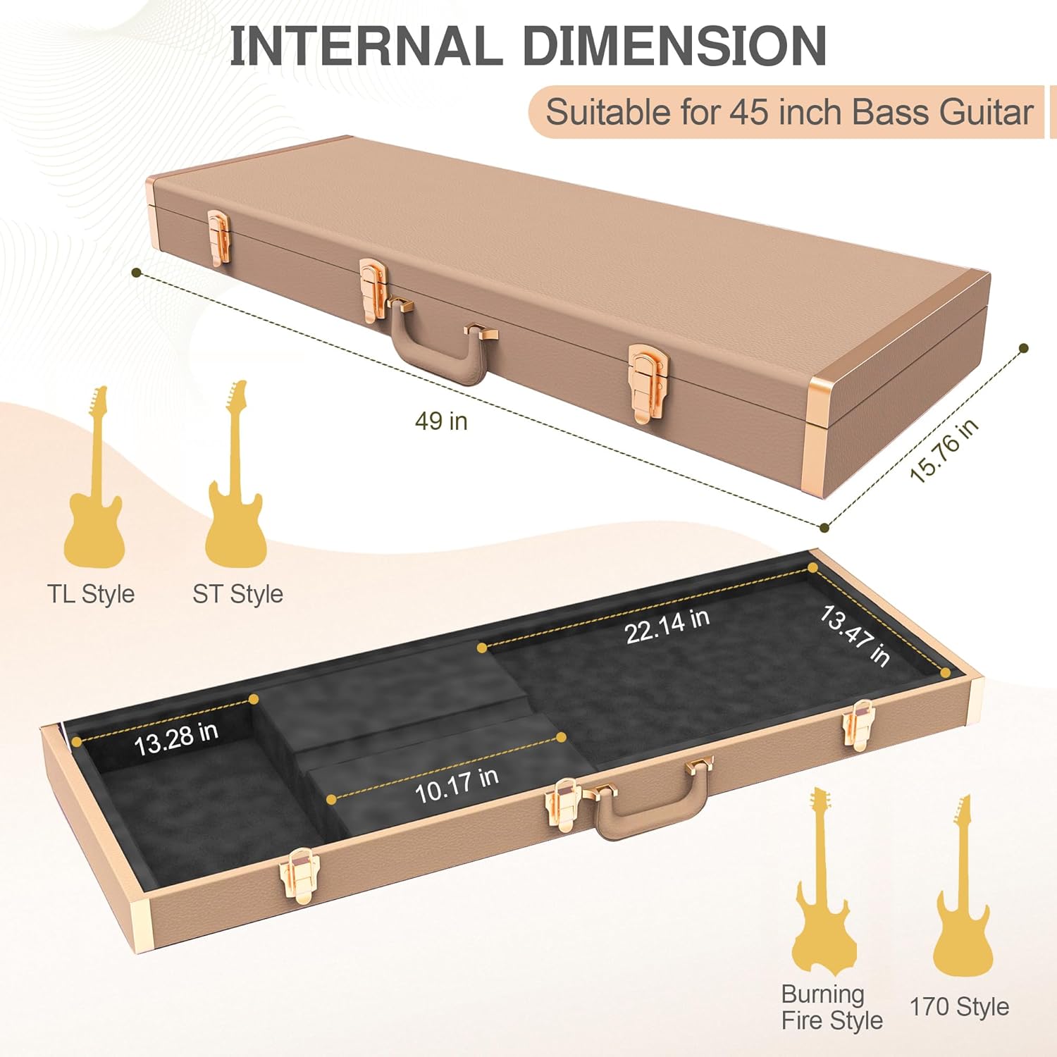 Bass Guitar Hard Shell Case With Lock For Square Electric Bass Guitar 45in Bass Guitars Hard-Shell Protective Carrying Case fit IBANEZ、FENDER Model with Security Lock Metal Feet (Elegant Brown)