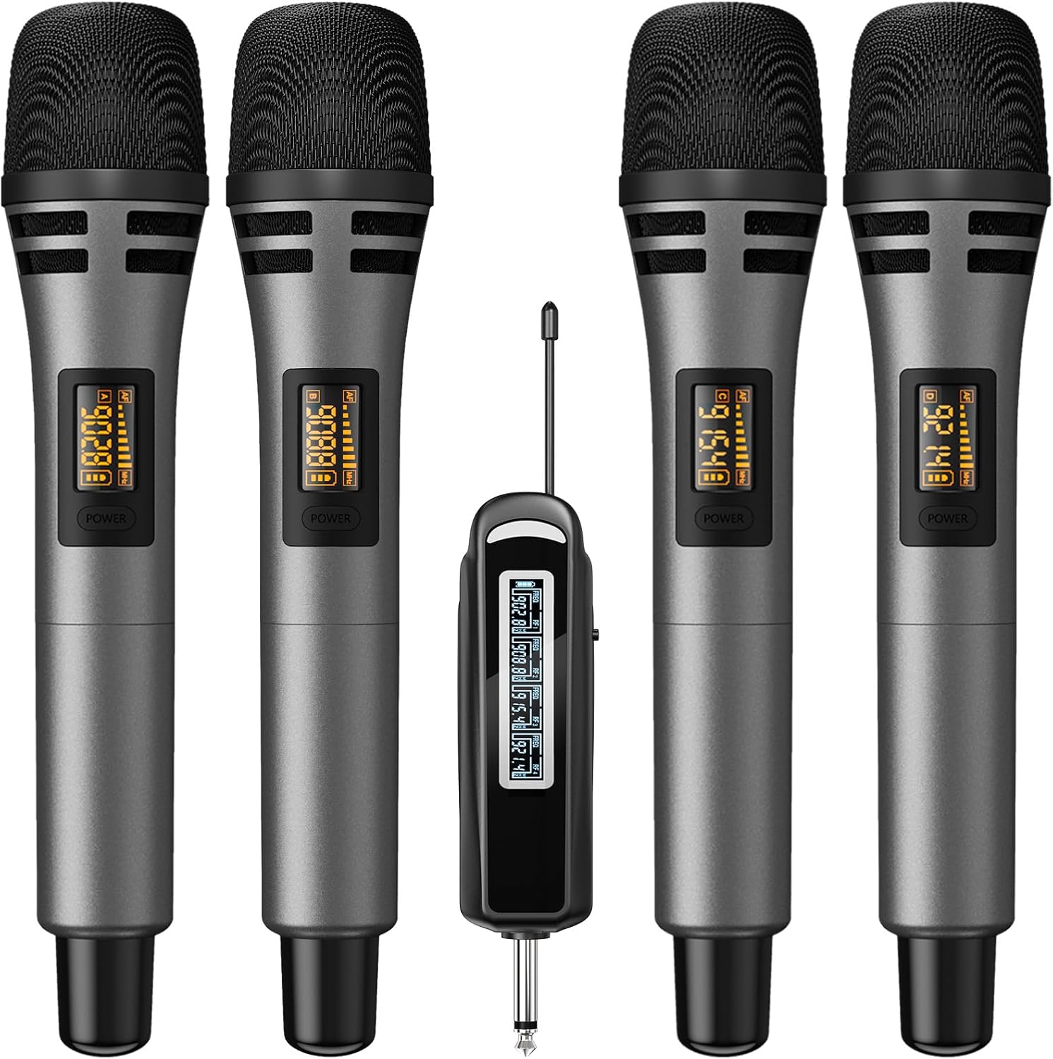 TONOR 4 Wireless Microphones with Rechargeable Receiver, 4x10 Channel UHF Cordless Mics with Volume Control, Handheld Dynamic Mic System for Church Singing Karaoke Wedding, 200ft TW361