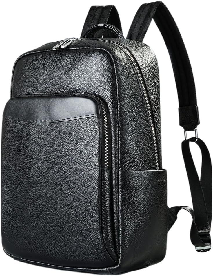 Multi-Functional Genuine Leather Backpack for Men Business Travel Work Laptop Daypack Water Resistant Gift Box (Black)