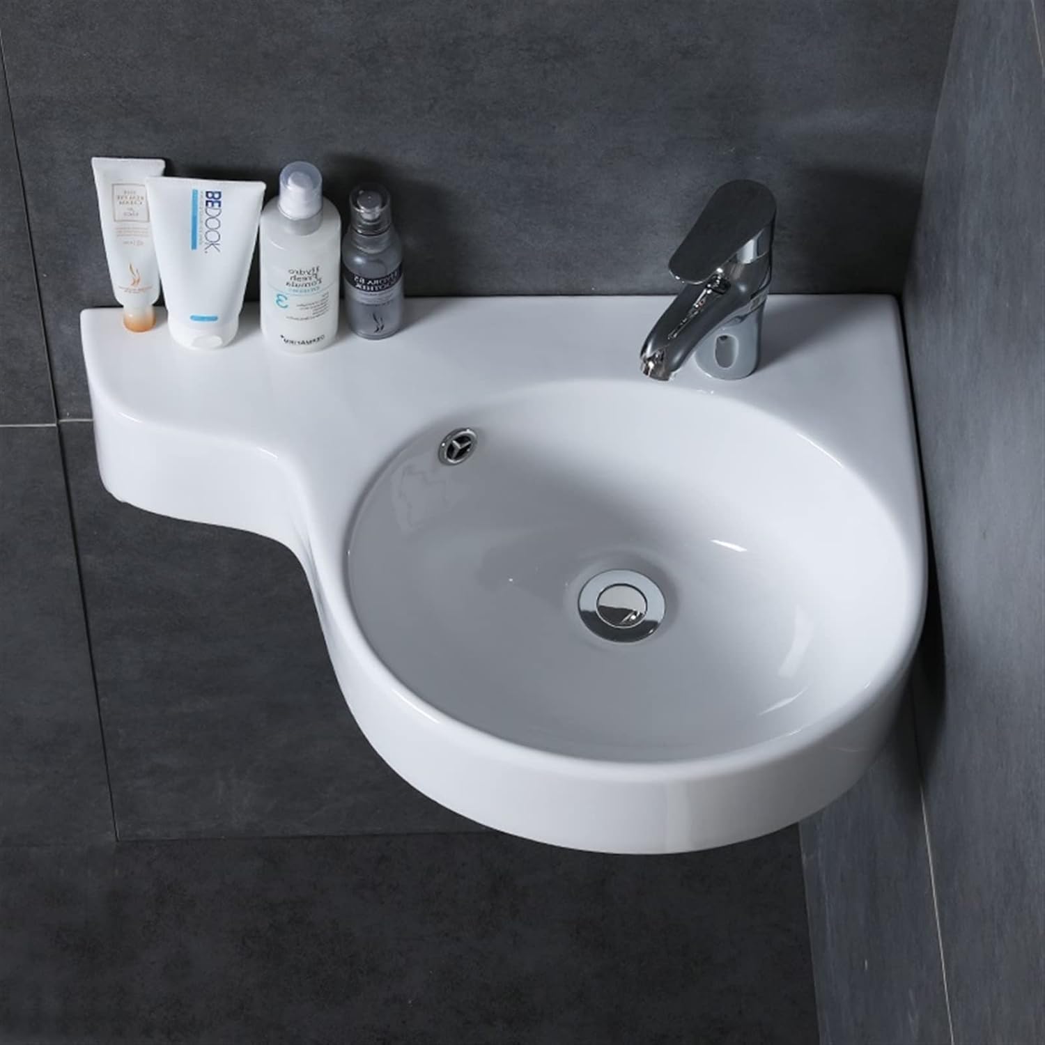 Bathroom Sink Vessel White Triangle Porcelain Ceramic Sink Wall Mount Corner Bathroom Sink Apartment Wall-Mounted Bathroom Sink Bowls Vessel Sink(Right Hole- 1 Set)
