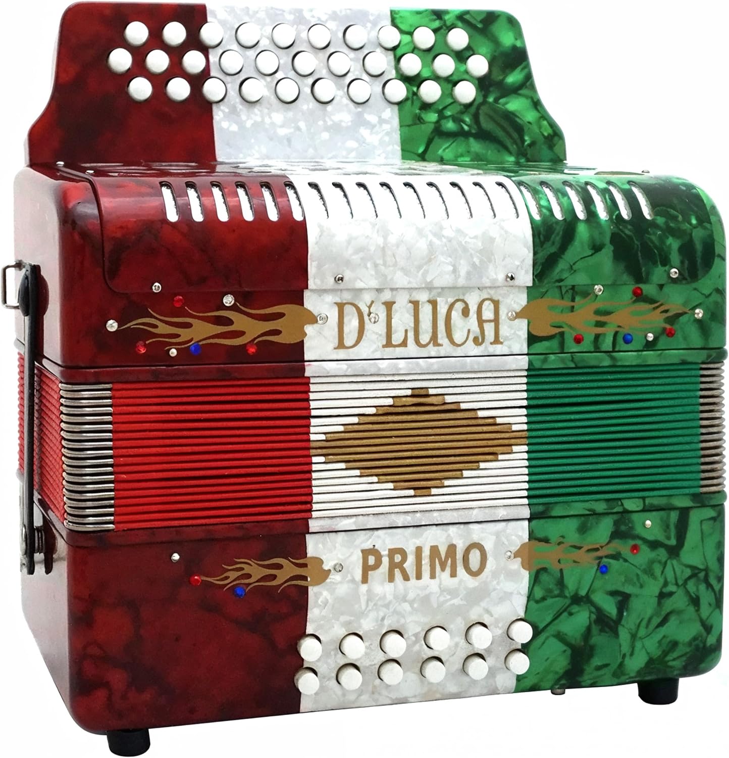 D'Luca Primo Button Accordion 31 Keys 12 Bass on FBE Key with Case and Straps, Red, White, Green