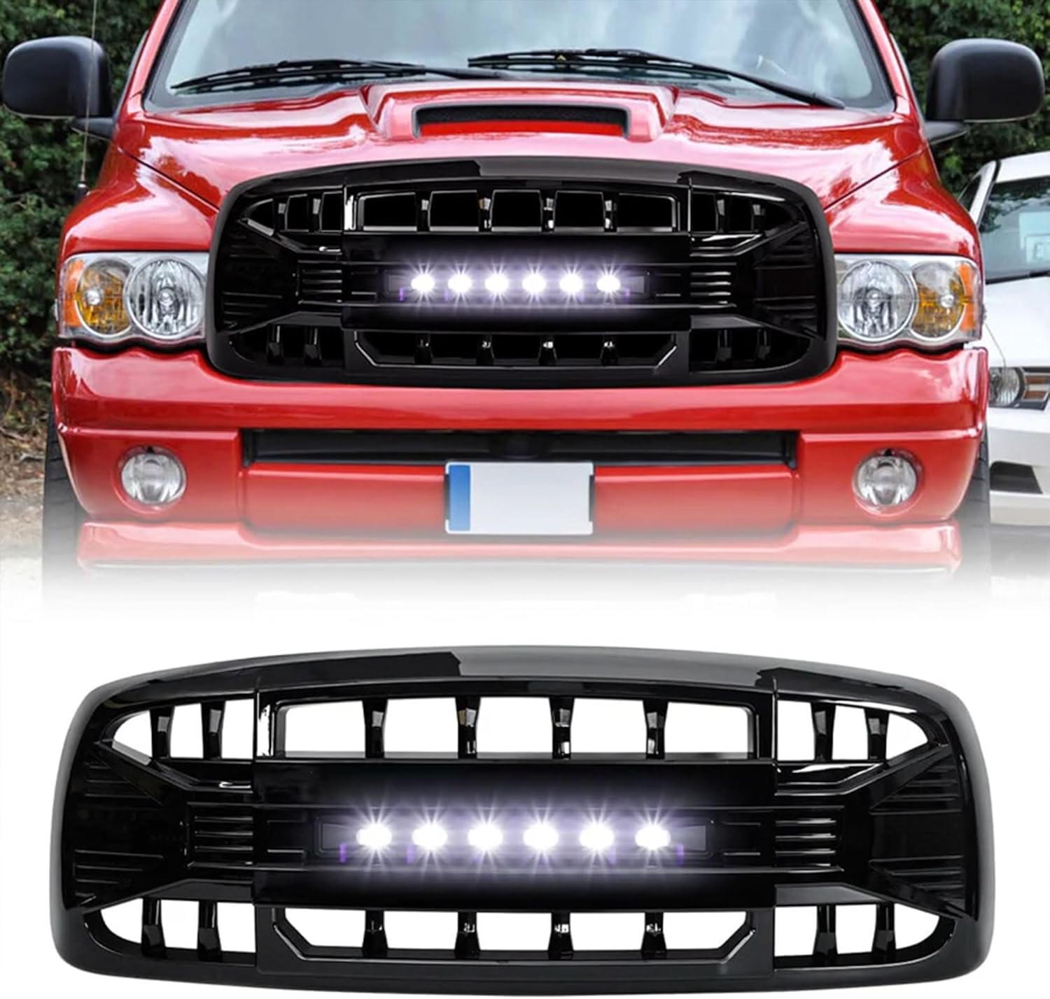 AMERICAN MODIFIED Armor Grille with Off-Road Lights Compatible with 2002 to 2005 Dodge Ram 1500/2500/3500 Models, Glossy Black