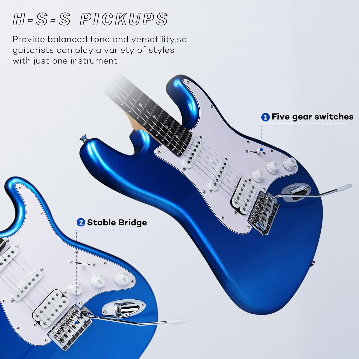 Tostar Electric Guitar Full Size Kit for Beginners 6 String with Amp SSH Pickup with Gig Bag,Capo,Tremolo,Tuner, Strap, Picks Blue Electric Guitars Stratocaster 39