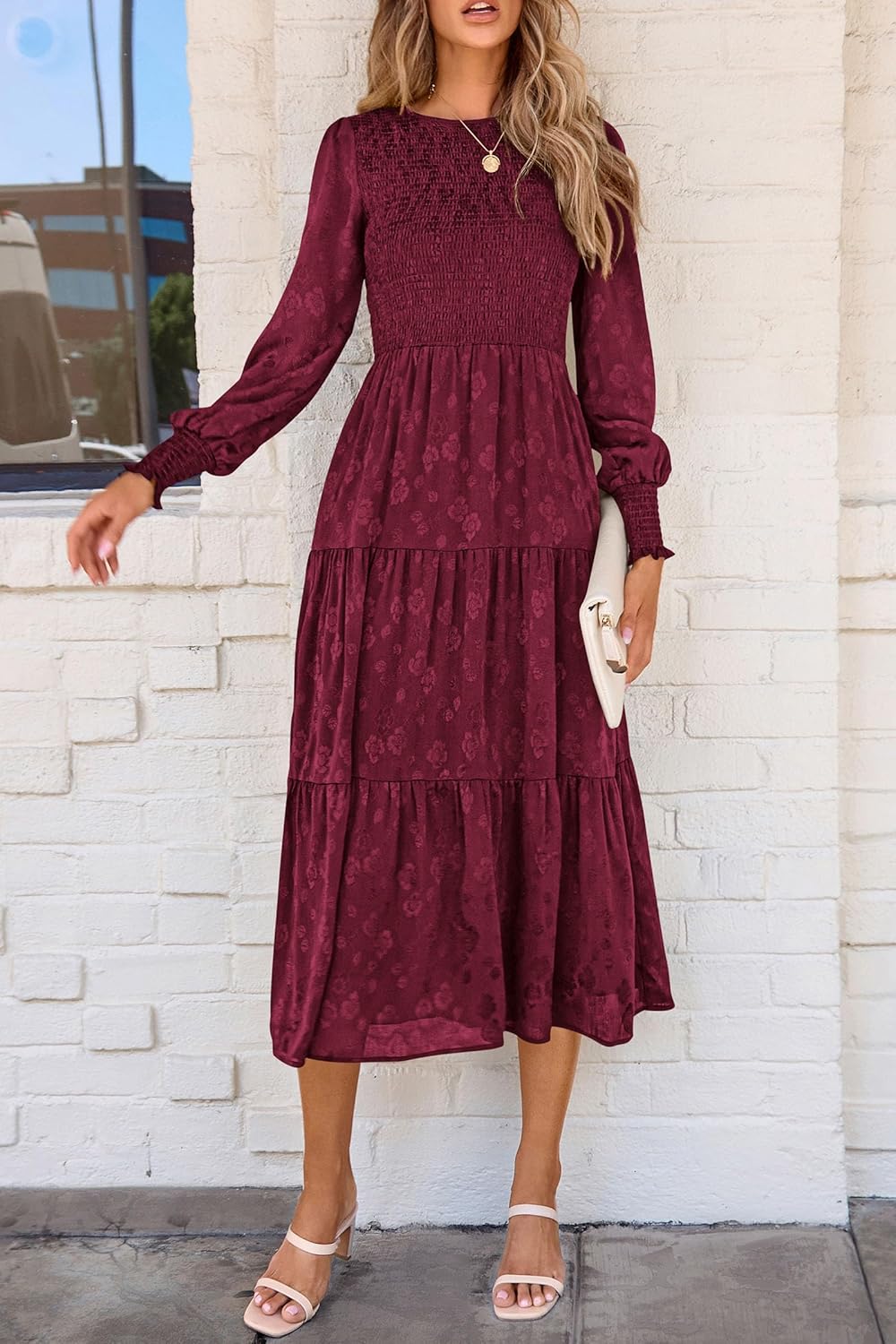 PRETTYGARDEN Women's Fall Spring Midi Dress Long Sleeve Floral Smocked Elegant Wedding Guest Long Flowy Dresses with Pockets