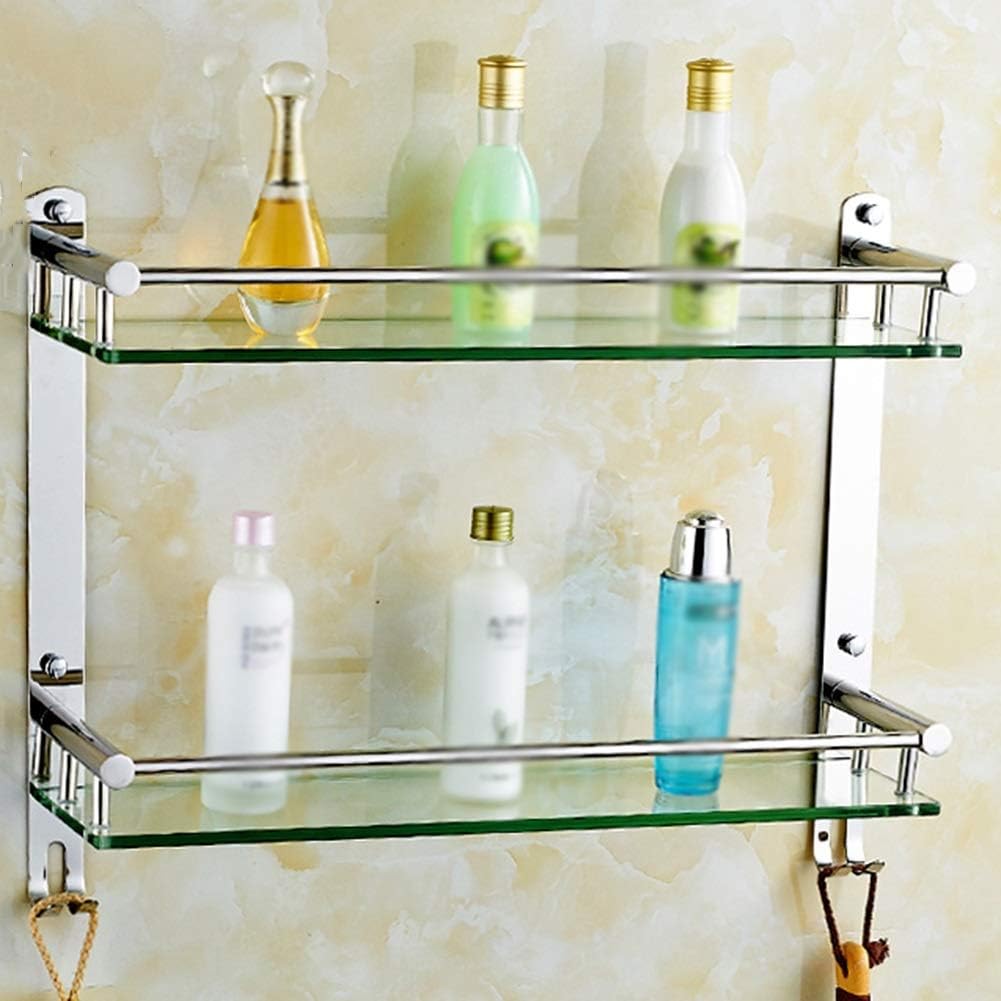 Shower Organiser Transparent Glass 304 Stainless Steel Wall-Mounted 2 Tiers Hook Up Towel Rack, 3 Styles, 3 Sizes (Size : #A-60x12x38cm)