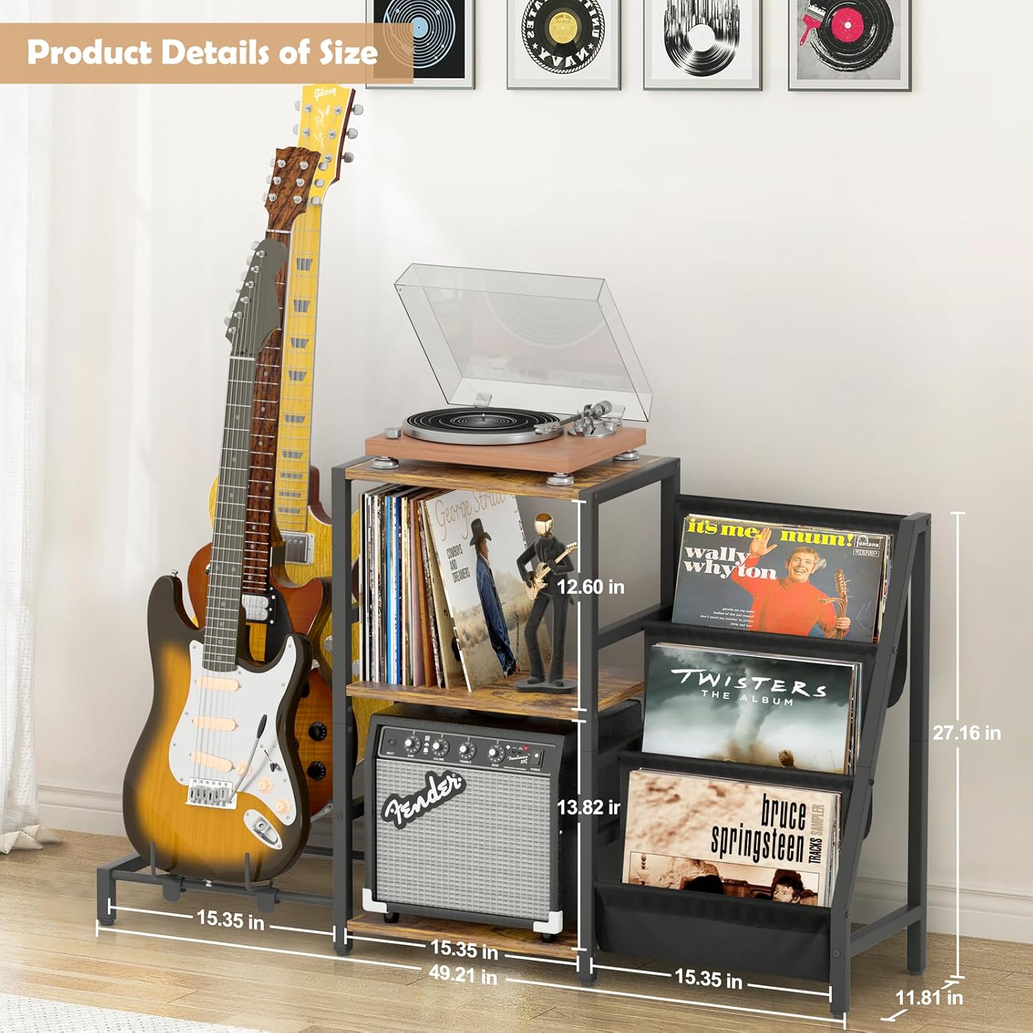 Bikoney Record Player Stand, Guitar Stand for Acoustic, Electric Guitar, Bass with Amp Stand, 3-Tier Vinyl Record Storage Up to 200 Albums, Record Player Table for Record Player, Speaker, Amplifier (3 guitar stand, Brown)