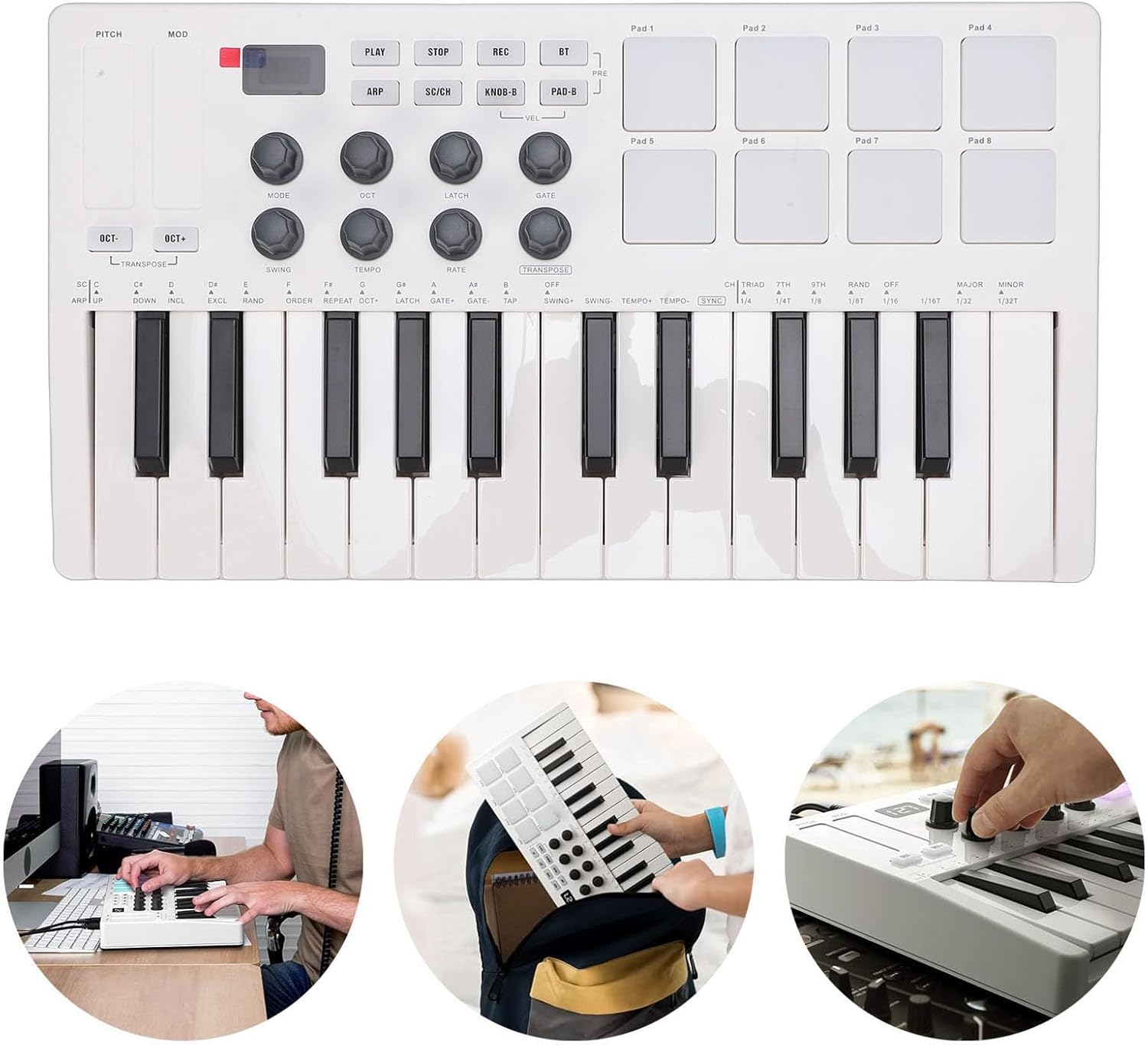 Asixxsix MIDI Keyboard Controller 25 Keys, Wireless Bluetooth Mini Portable Beat Maker Machine with 8 Backlit Drum Pads 8 Knobs 2 Capacitive Touch Strips for Music Production
