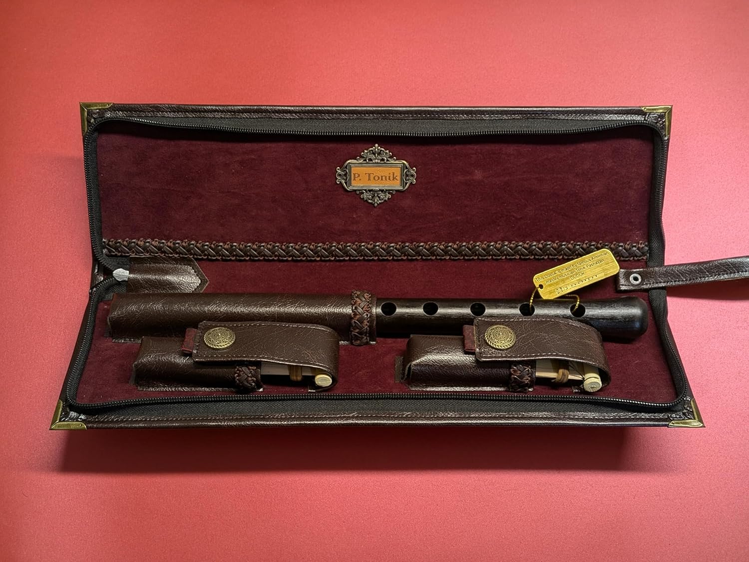 Armenian Duduk Official P. Tonik, Professional Concert Quality Musical Instrument, Handmade from Armenian Apricot Wood, 2 Professional Reeds, Genuine Leather Case, Made in Armenia (Brown Leather Case)