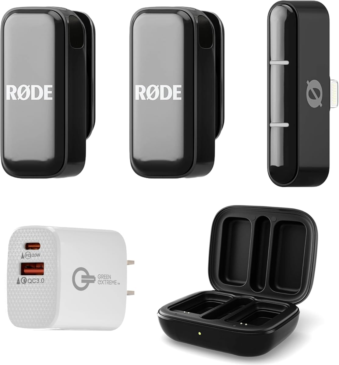 RØDE Wireless Micro - Compact Wireless Microphone, Two Mics with Charge Case for Smartphone Content Creation with Green Extreme 20W 2-Port Wall Charger (Lightning Connector, Black)
