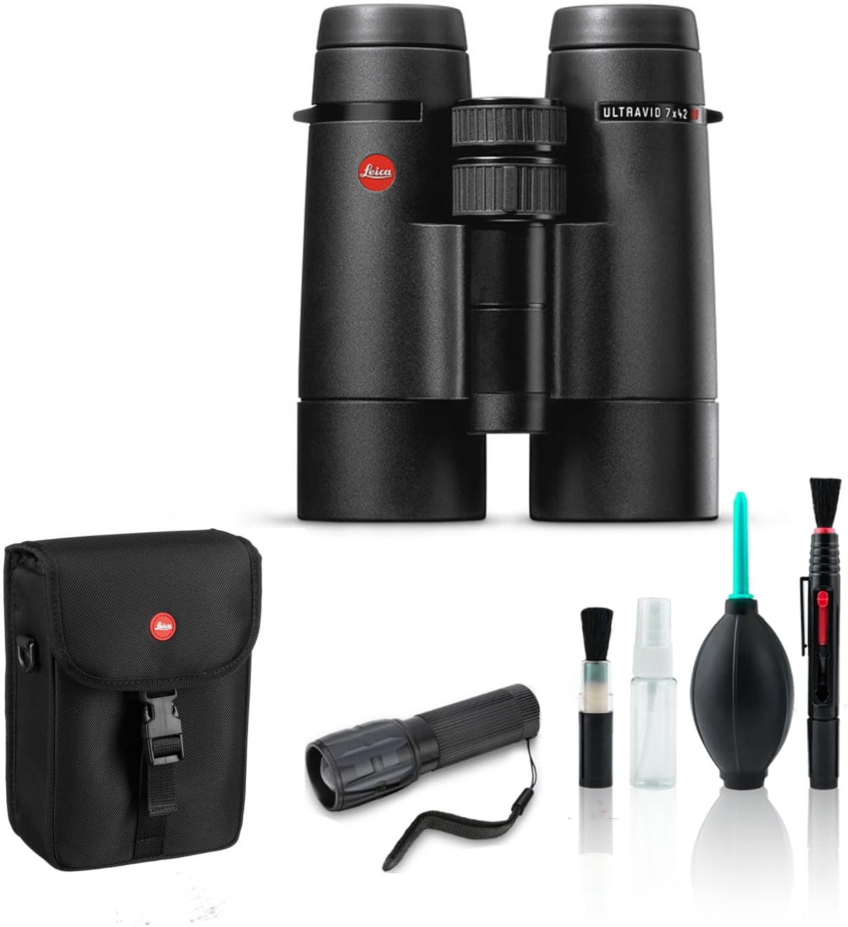 Leica 7x42 Ultravid HD-Plus Binoculars Waterproof Binoculars 40092 - Bundle with Cleaning Kit and Flashlight