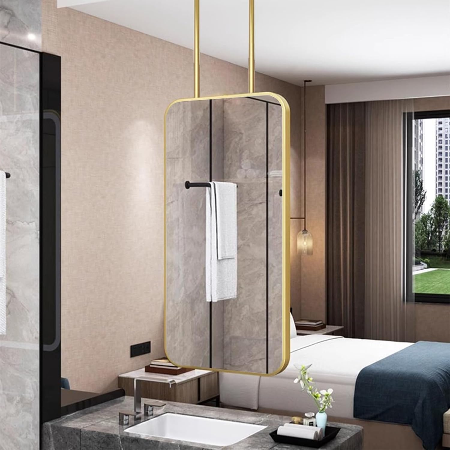 Ceiling Mounted Bathroom Mirror Mount Mirrors Square Mirror For Ceiling Hanging Rod Corner Mirror Wall Mount Pivot Big Decor Ceil Metal Pole Ceiling Suspended Mirror For Bedroom Entryway Bathrooms(Mir