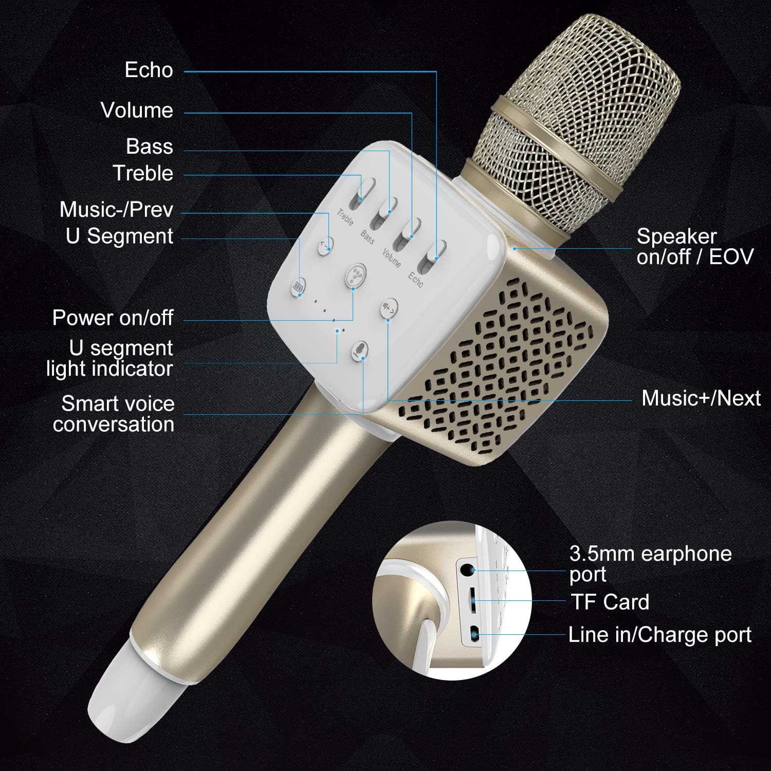 TOSING V2 Wireless Bluetooth Karaoke Microphone，Louder Volume 10W Power, More Bass, 3-in-1 Portable Handheld Double Speaker Mic Machine for iPhone/Android/iPad/PC (Gold-1)