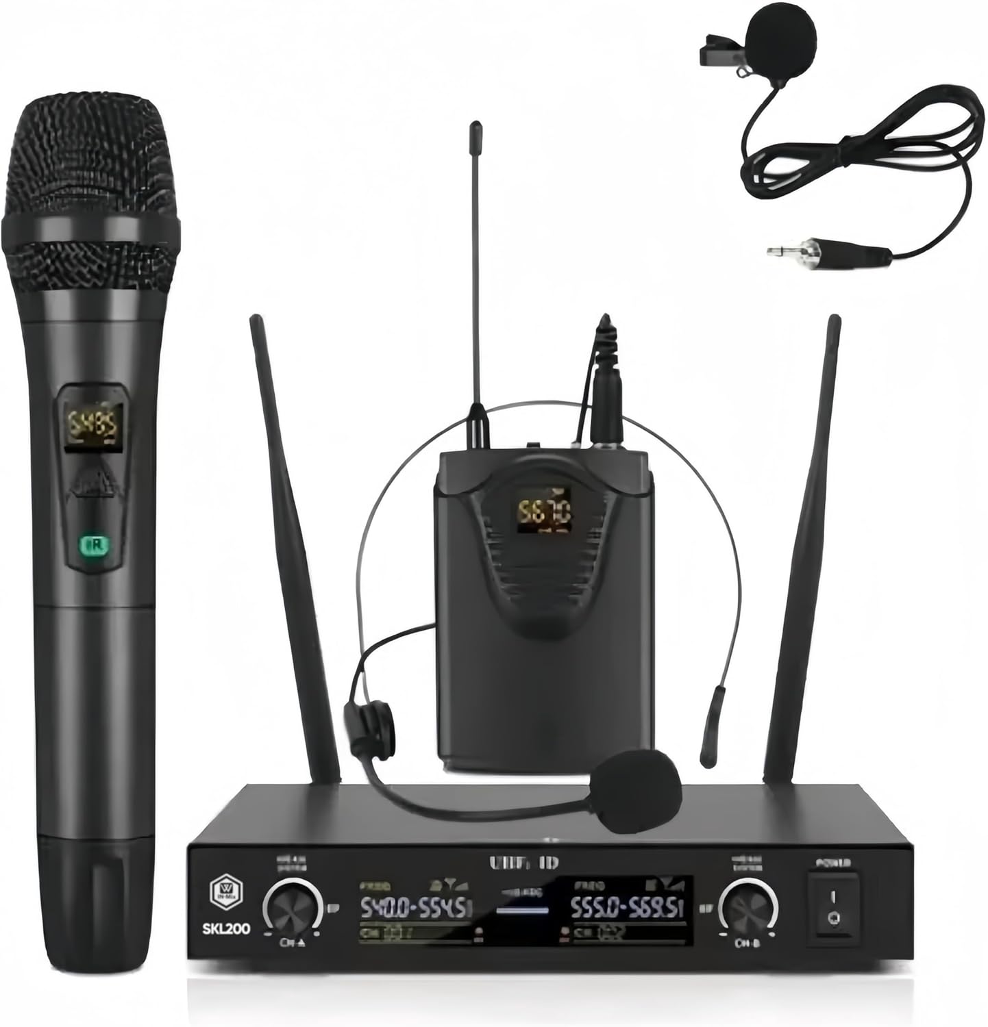 W IN-MIX Wireless Microphone System with Cordless Handheld Lavaliere Headset Mics, Metal Receiver, Ideal for Karaoke Church Party (with 1 Handheld & 1 Bodypack)