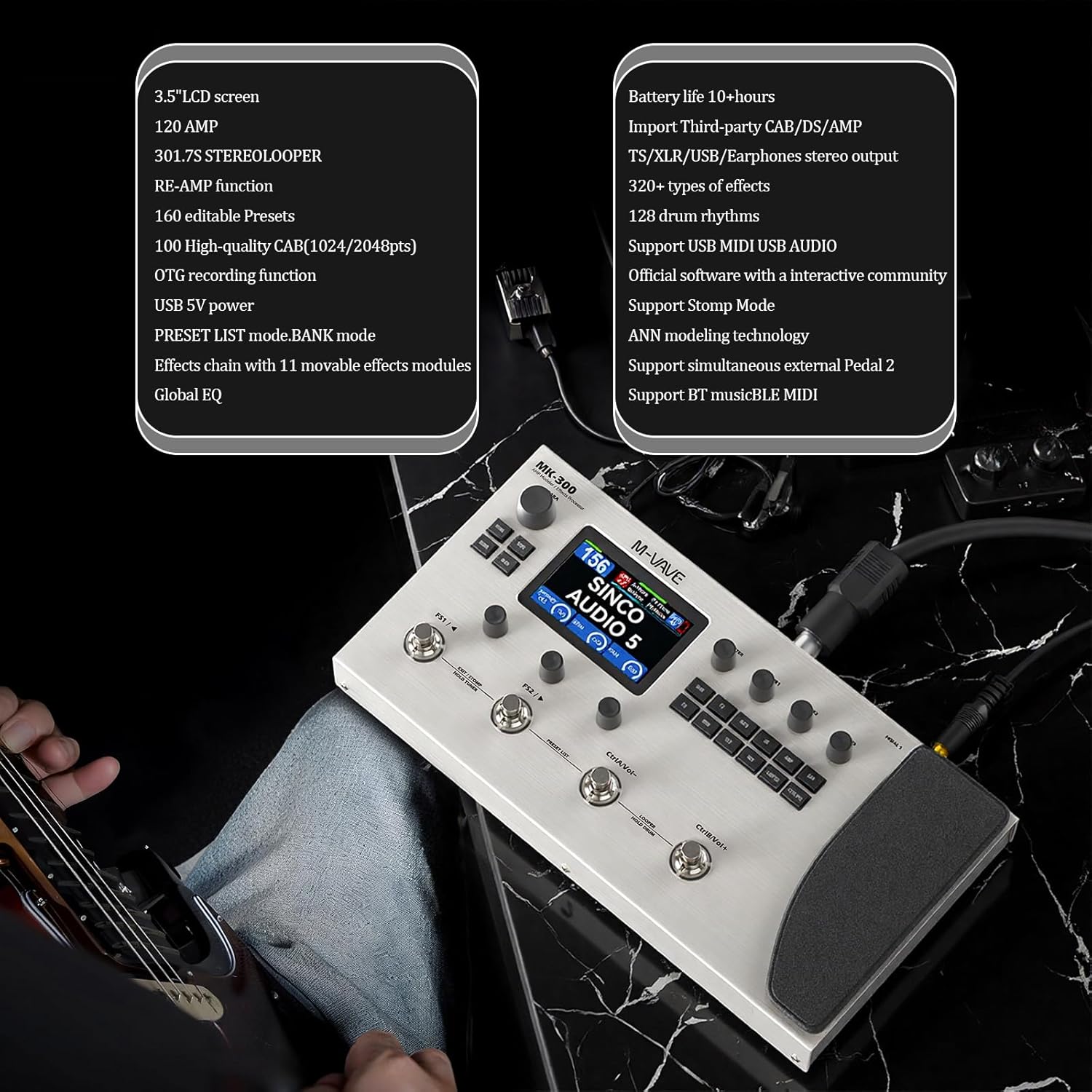 DaierTek Guitar & Bass Multi Effects Pedal, Electric Guitar Effects with 3.5’’ Display and 11 Modules, Vocal Effects Processor for 160 Presets, 120 Amp Models, Bluetooth, for Live, Studio & Practice