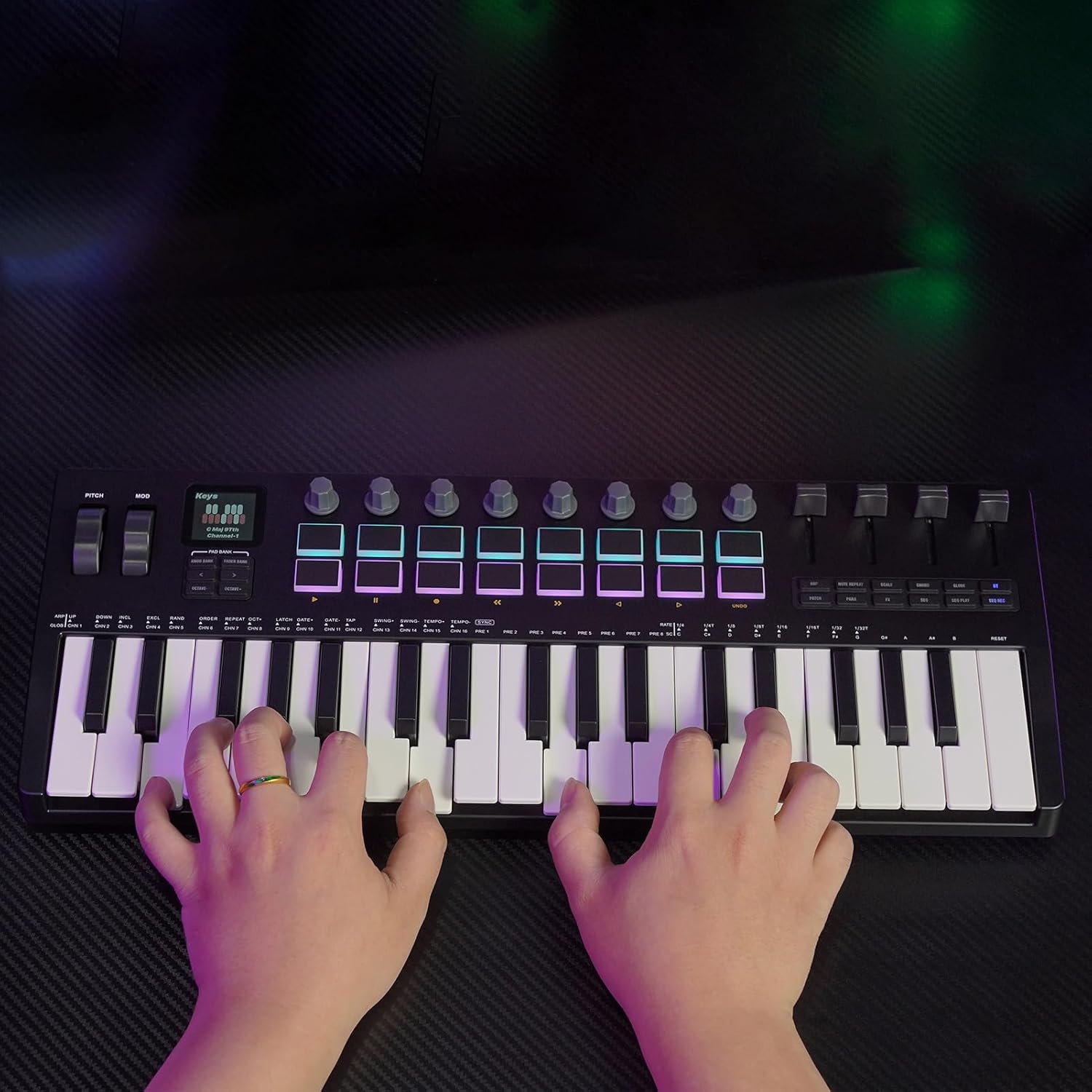 Alomejor Keyboard Piano, 37 Key USB MIDI Keyboard Controller, 16 RGB Backlit Drum Pads 8 Knobs 4 Faders Built in Sound Source Synthesizer Engine