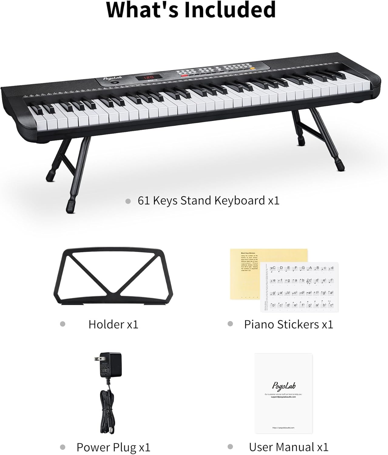 61 Keys Compact Keyboard Piano with Foldable Mini Stand, Built-in 255 Sounds, 255 Rhythms, 24 Demos, Includes Sheet Music Stand, Note Stickers & Power Supply, Gift for Beginners, Black