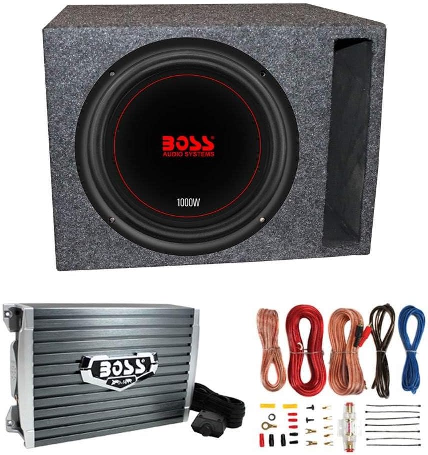 Boss Chaos Exxtreme CXX104DVC 10-Inch 1000W 4 Ohm Subwoofer, QSBASS10-VENTED Vented Enclosure Box, AR1500M Monoblock Amplifier, and 8 Gauge Wiring Kit