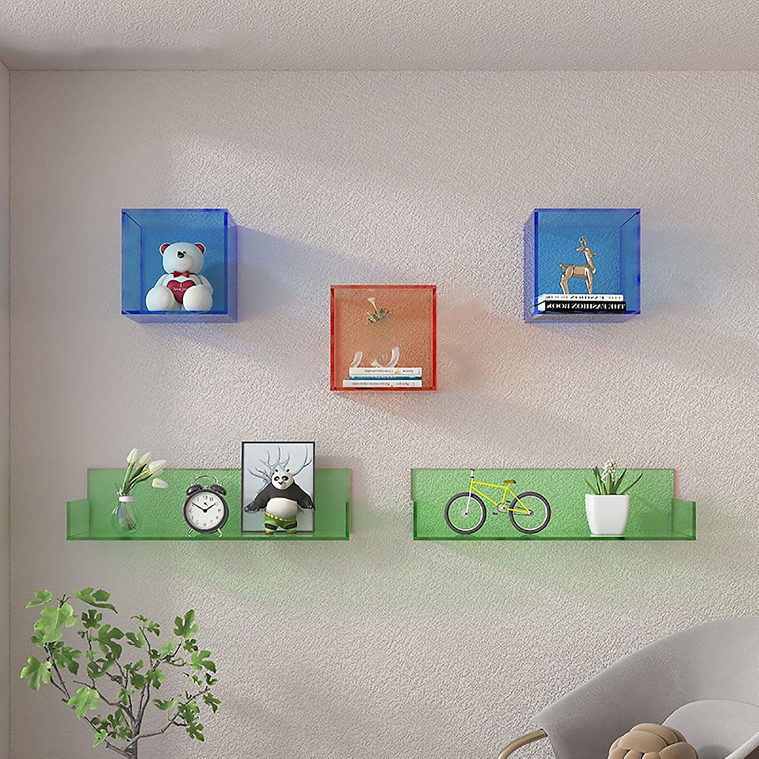 Floating Shelves for Wall Acrylic Floating Shelves Floating Acrylic Cube Shelf,Hanging Wall Mount Display Storage Shelves for Photos,Toys,Books,Decorative(Red)