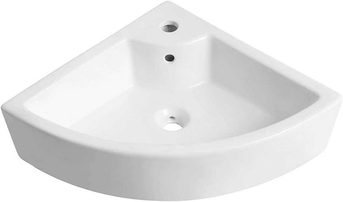 Wall Mount Ceramic Corner Sink with Overflow and Faucet Hole, Space-Saving Basin for Small Bathrooms and Kitchens,435 * 320 * 130mm