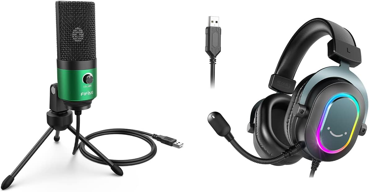 FIFINE Gaming Microphone and PC Gaming Headset, USB Microphone with Gain Control, Wired Headphones with 7.1 Surround Sound,EQ Mode, RGB, Soft Ear Pads for Streaming, Podcasting, Twitch (K669G+H6)