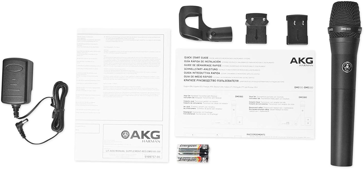 AKG DMS100 4-Channel Digital Handheld Wireless Microphone System 2.4GHZ Bundle with Rockville PRO-M50 Studio Headphones w/Detachable Coil Cable, Case with Extra Ear Pad
