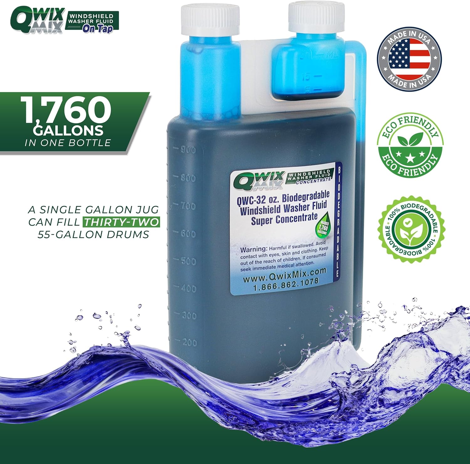 Windshield Washer Fluid Concentrate, 1 Bottle Makes 1,760 Gallons, 1 oz. Makes 55 Gallons - 100% Biodegradable Grime & Dirt Remover, Superior Commercial Grade Glass Cleaner, Single