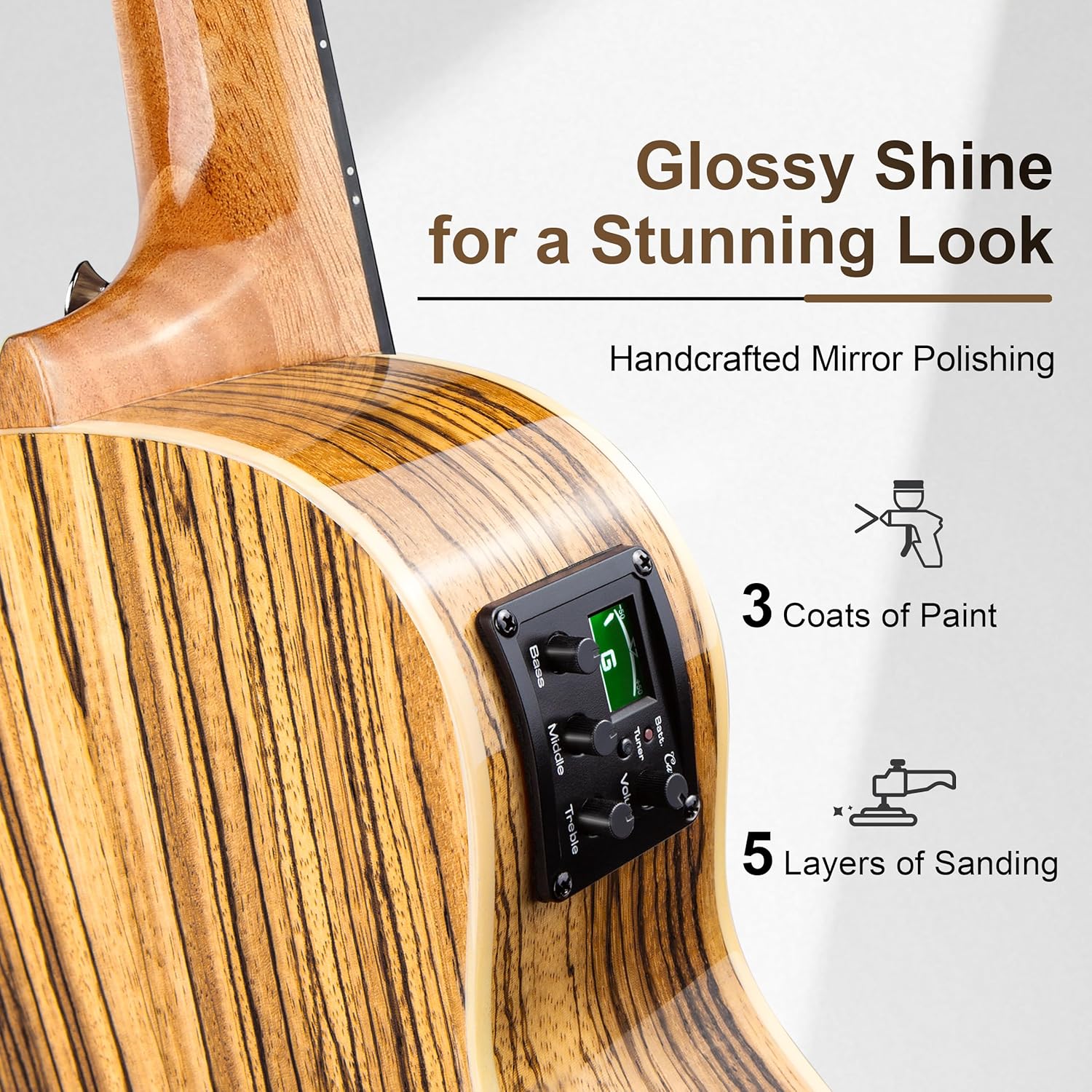 Caramel 26inch CT103 Zebrawood High Gloss Tenor Electric Ukulele Professional Ukelele Kit Beginner Guitar Starter Bundle Strings, Padded Gig Bag, Strap