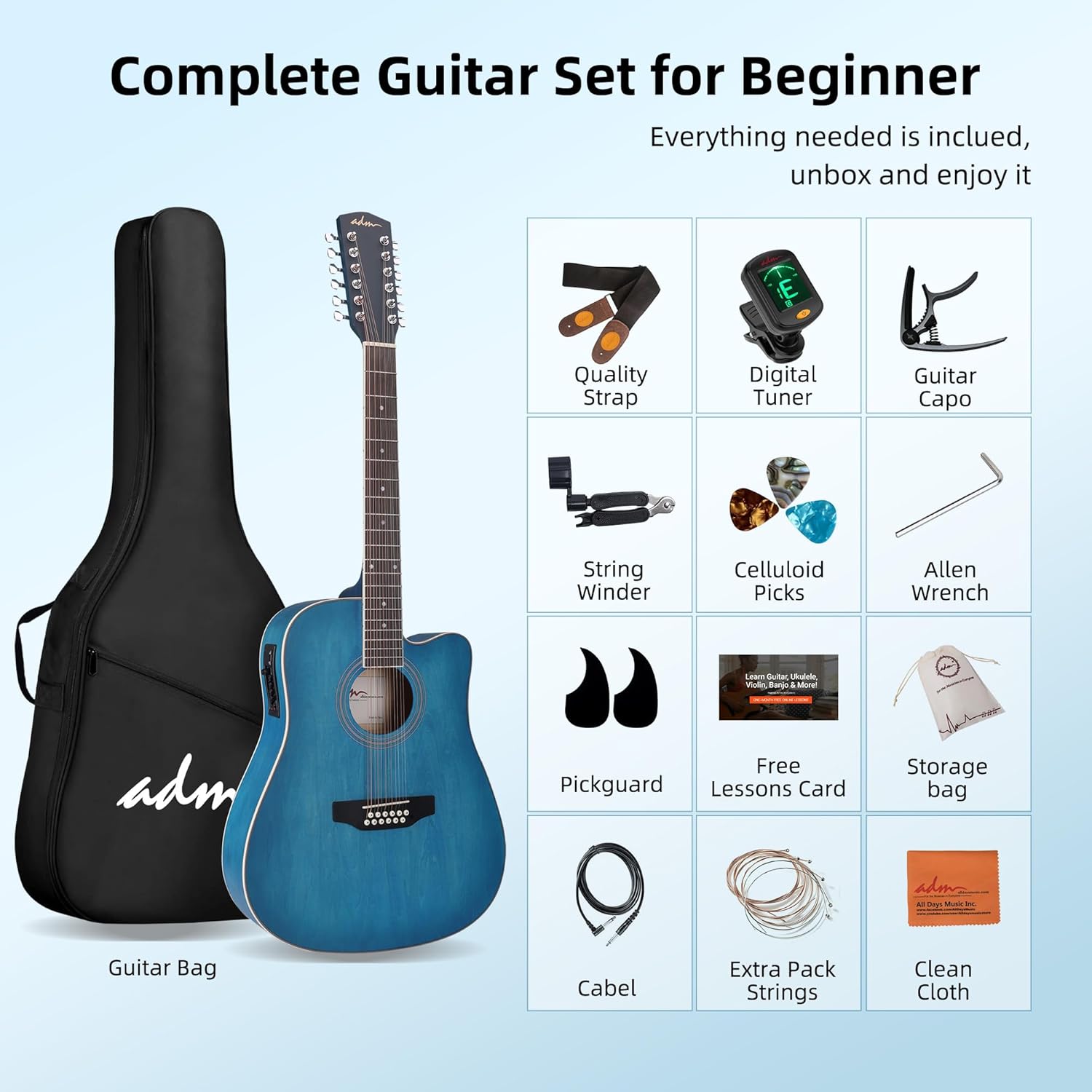 ADM 12 String Guitar, 42” Full Size Acoustic Electric Twelve String Guitar Bundle with 4-Band EQ for Professional Beginner Adults Intermediate, Gig Bag, Picks, Capo, Cabel, Shoulder Strap, Blue