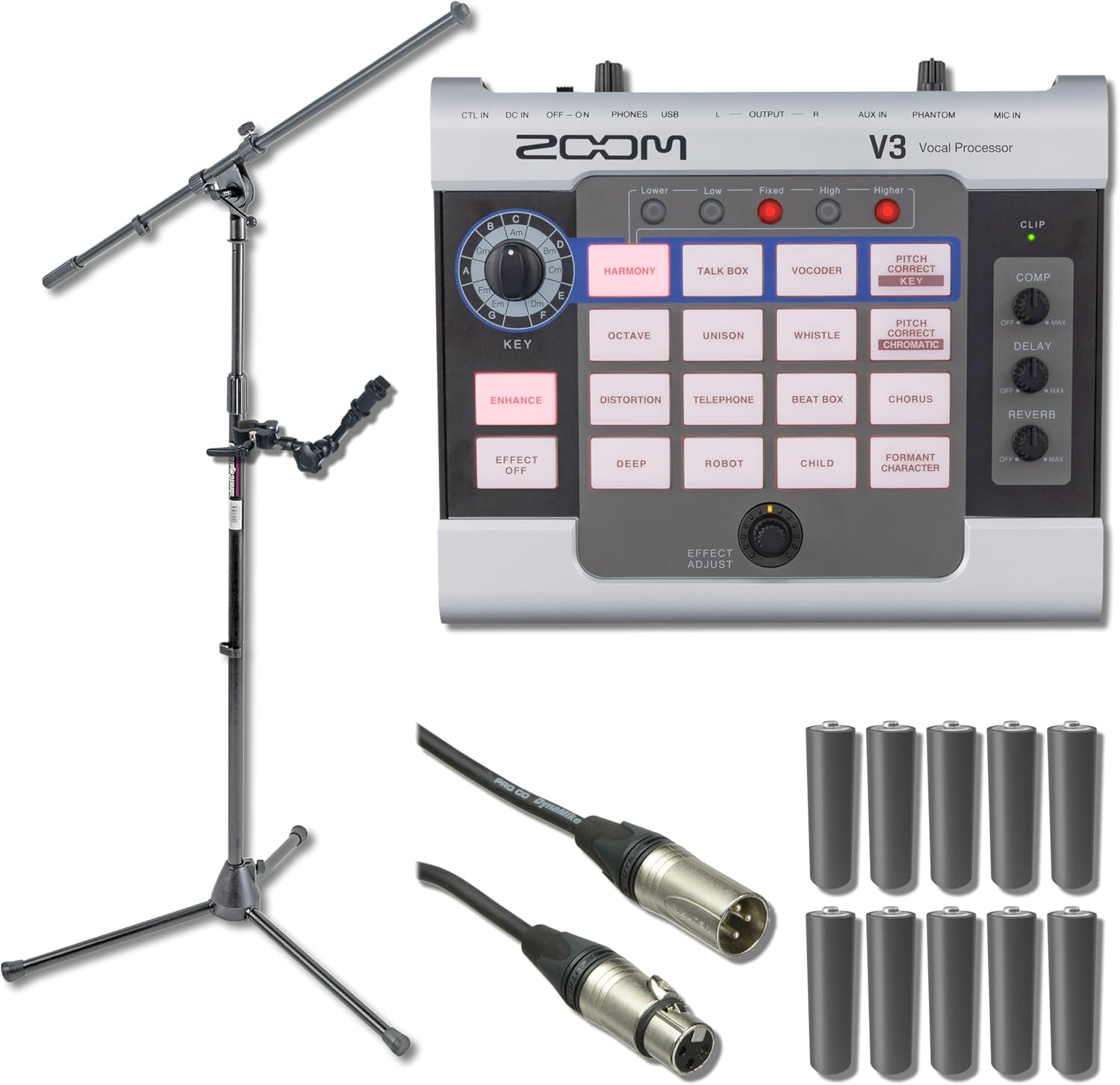 Zoom V3 Multi-Effects Vocal Processor with HRM-7 Handy Recorder Mount, Euro Boom Microphone Stand and 10x AA Batteries