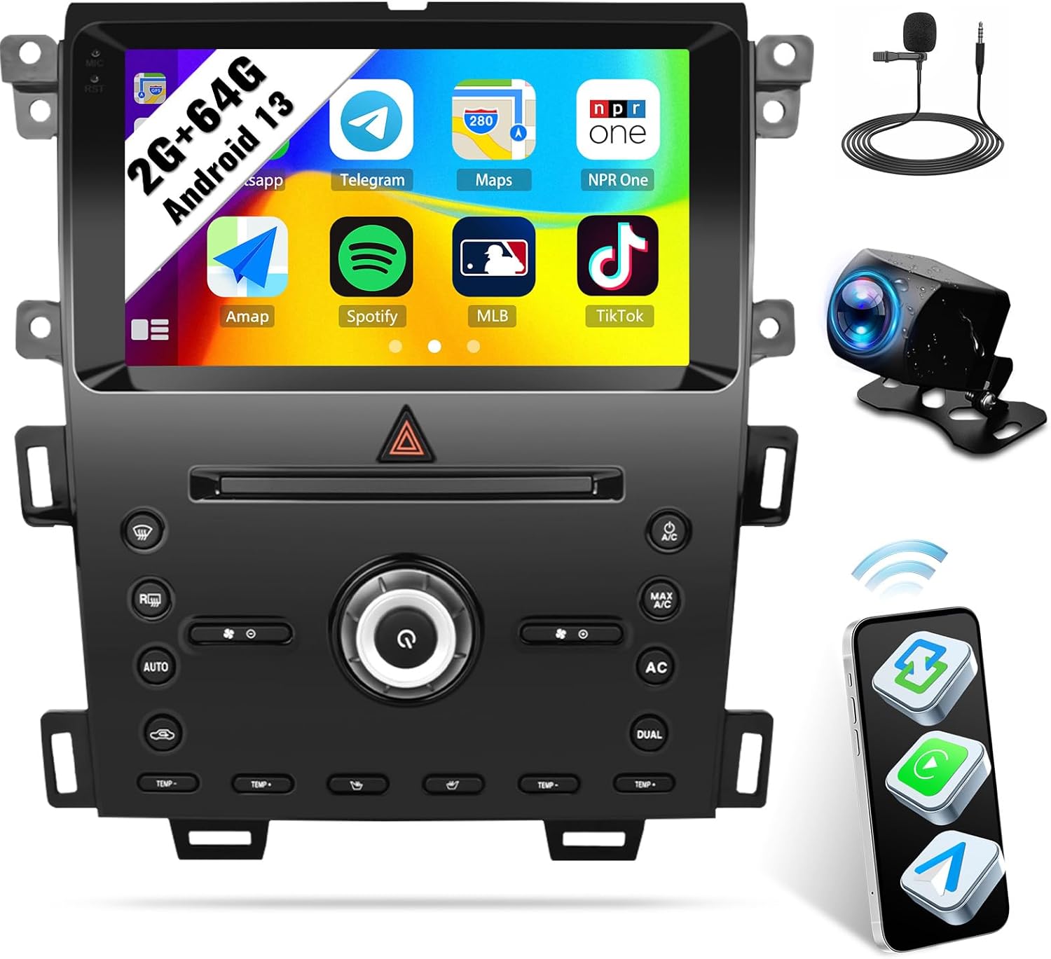 Android Car Stereo for Ford Edge 2011-2015 CarPlay Screen with Wireless Android Auto Mirror Link 2G+64G 9 Inch Touchscreen Bluetooth GPS Navigation WiFi FM Backup Camera MIC