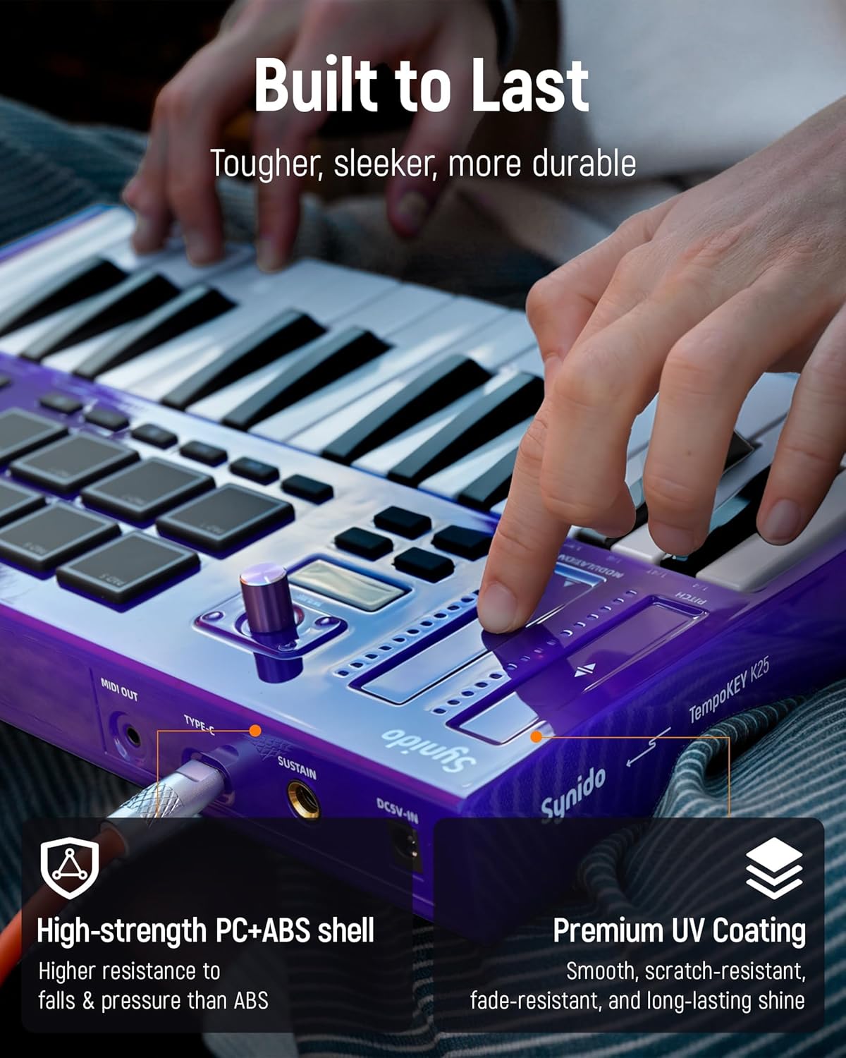 Synido 25 Key USB MIDI Keyboard Controller with Drum Pads, Professional Mini Midi Keyboard with OLED Screen, Beat Maker Machine for Music Production, Purple, TempoKEY K25