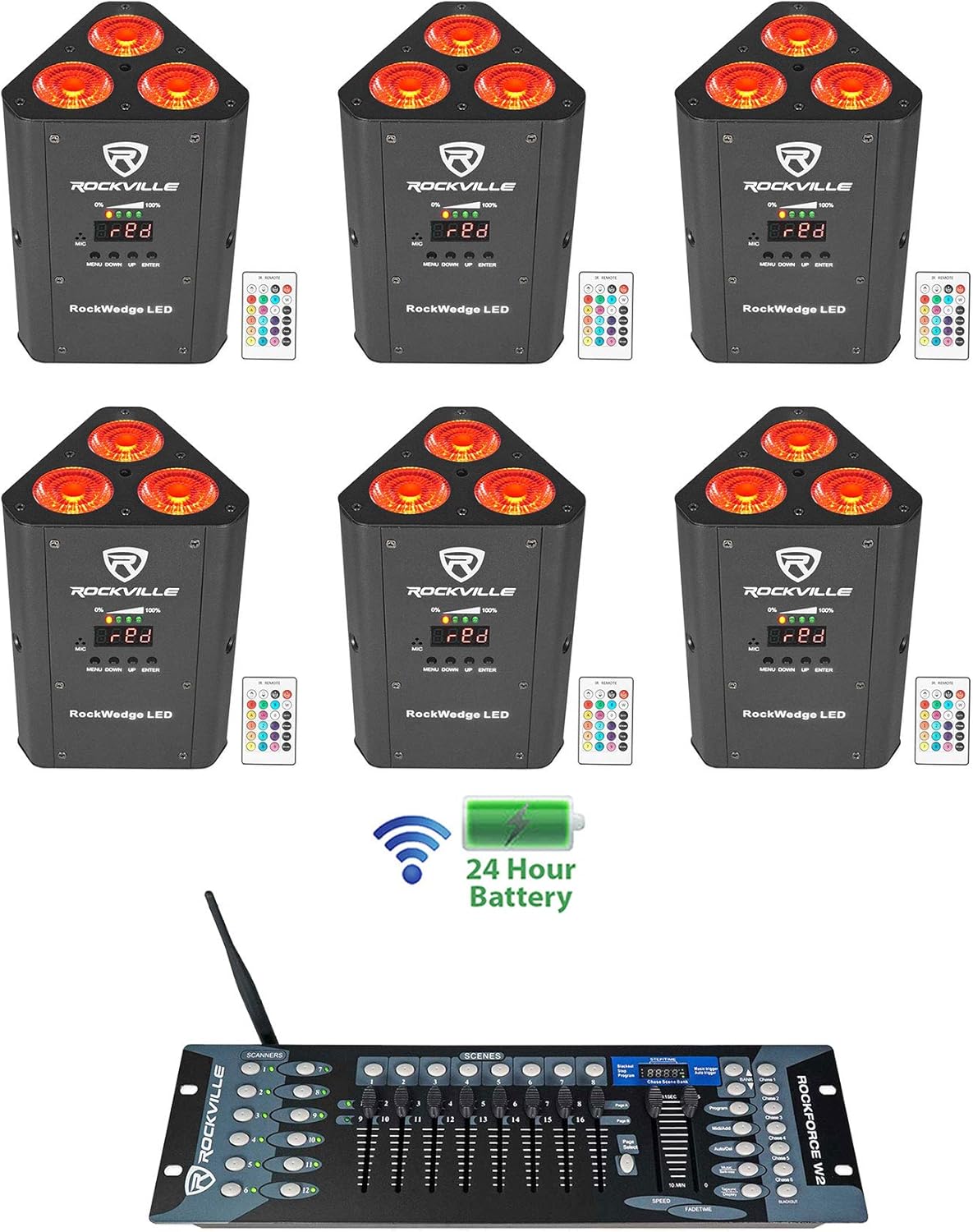 Rockville RockWedge LED Bundle: (6) 54-Watt RGBWA UV Rechargeable Battery Par Lights, ROCKFORCE W2 192-Channel Wireless 2.4Ghz DMX Lighting Controller, IRC Remote, 7-Items