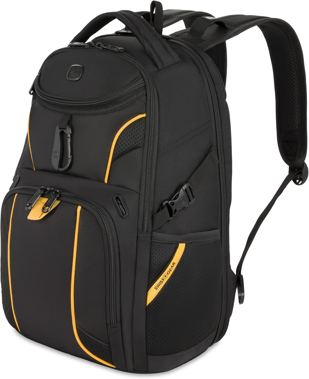 SwissGear 1900 Mini ScanSmart 13” Laptop Backpack Black/Gold – Reflective Tech Backpack with ScanSmart Compartment – Multiple Organizer Pockets & RFID Scan Blocking Technology
