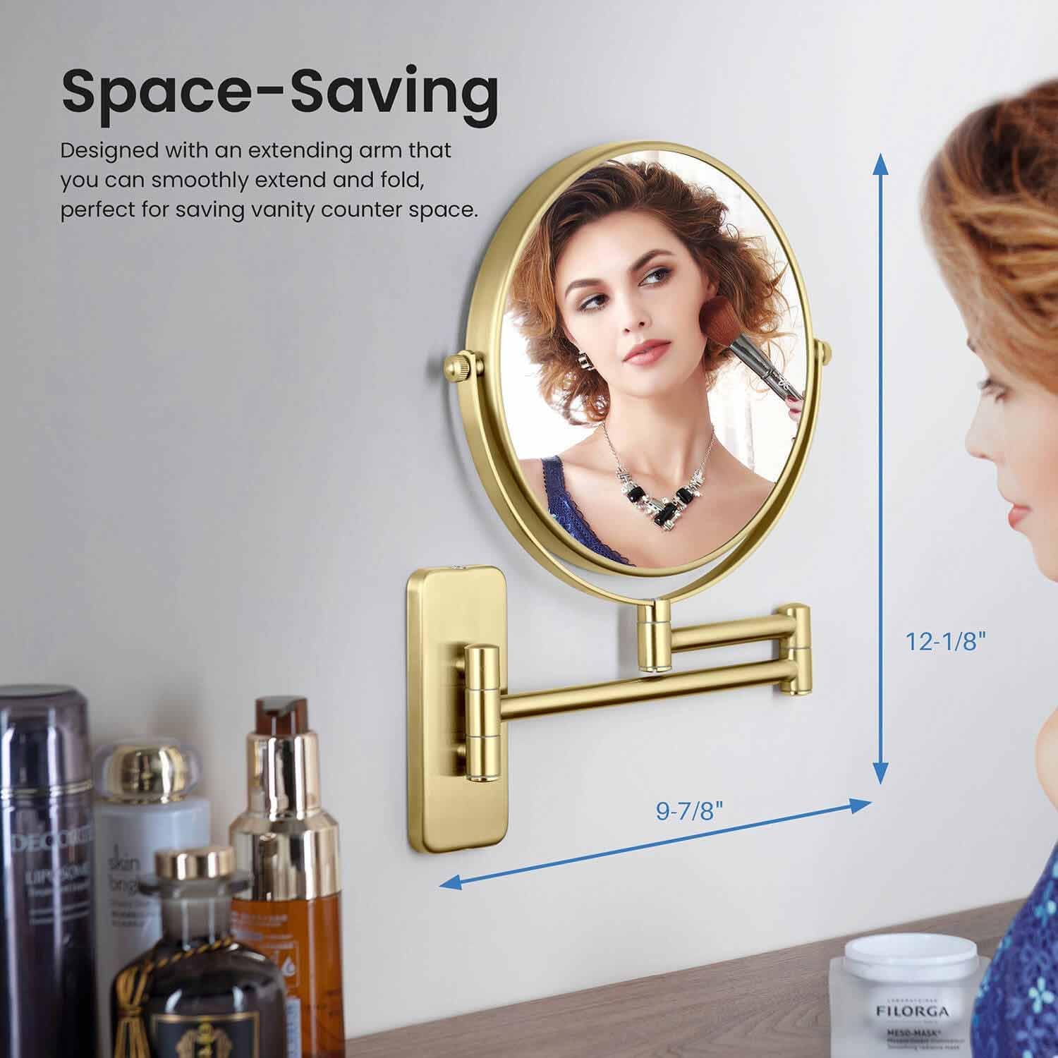 KIBI Circular Wall Mount Makeup Mirror, Dual-Sided 1x/5x Magnifying Mirror with Extendable Arm, 360° Swivel, Solid Brass Construction for Durability and Style (Brushed Gold, KMM100)