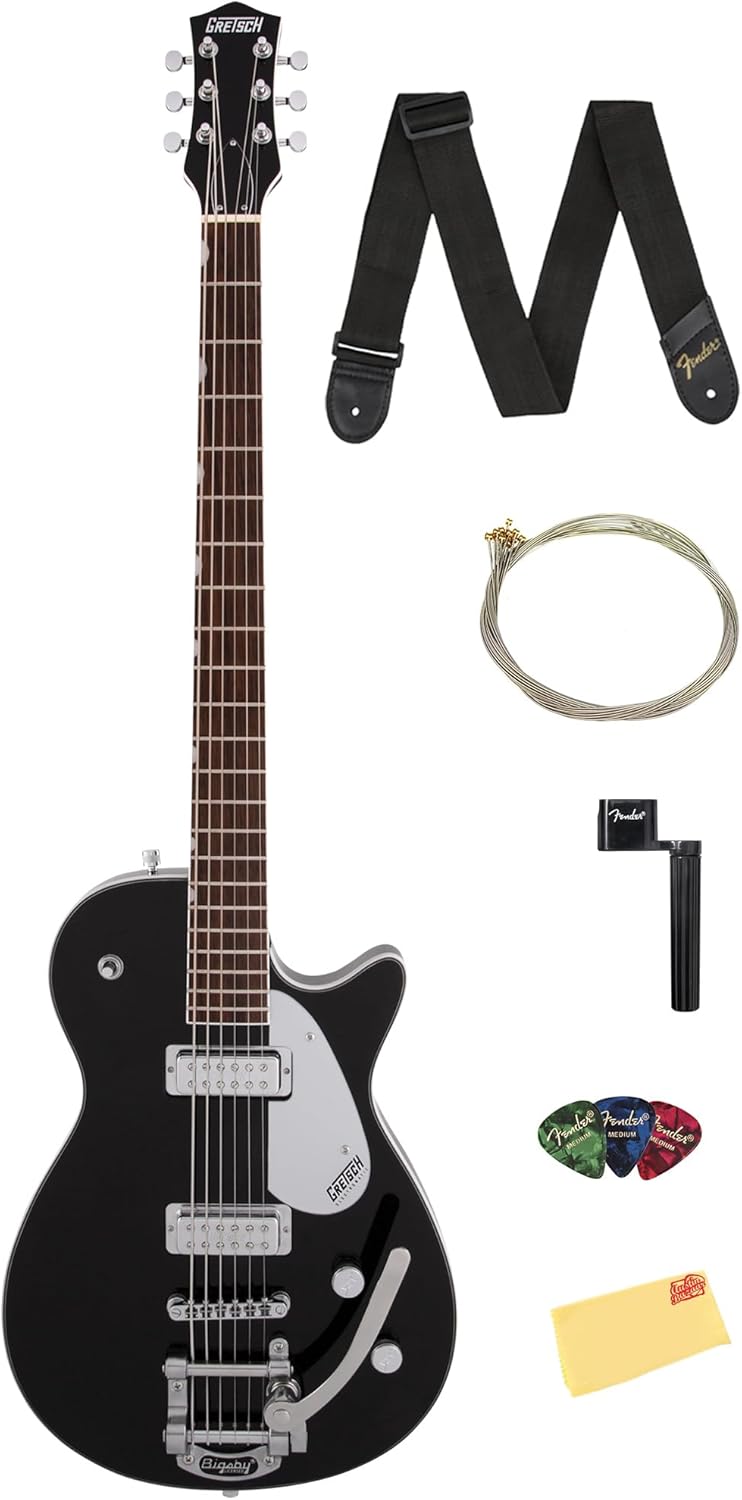 Gretsch G5260T Electromatic Jet Baritone Electric Guitar with Bigsby - Black Bundle with Strap, Strings, String Winder, Picks, and Austin Bazaar Polishing Cloth
