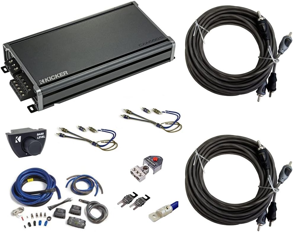 KICKER 46CXA6605 Car Audio 5 Channel Speaker and Sub 1200W Amp, 46CXARC Car CXA CX PXA Amp Bass Remote Control Knob and 46PKD1 Car Audio 1/0 Gauge OFC Dual Amp Install Kit