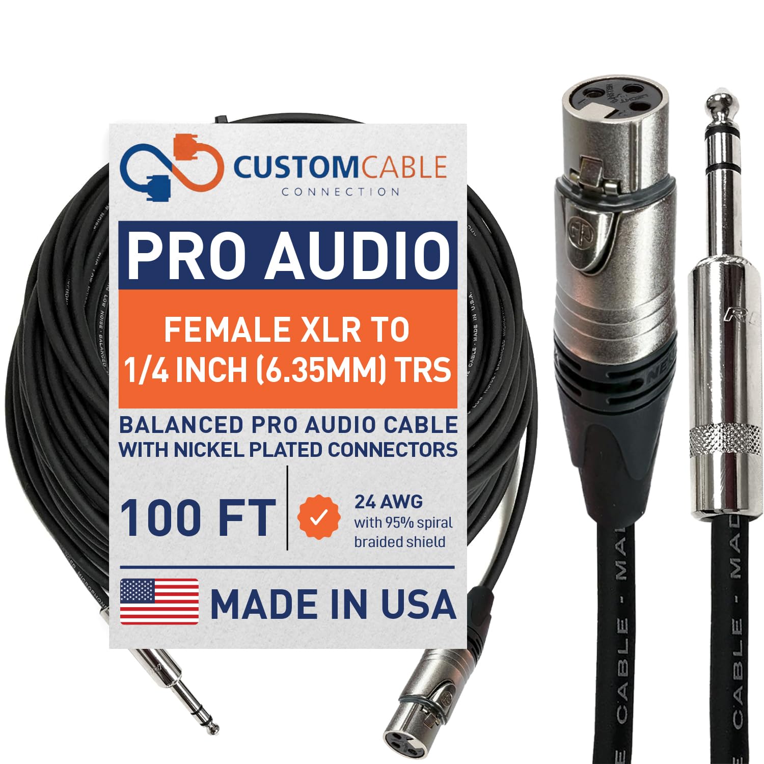 Custom Cable Connection 100 Foot Neutrik NC3FXX Female XLR to Neutrik Rean NYS228 1/4 Inch (6.35mm) TRS Balanced Pro Audio Cable