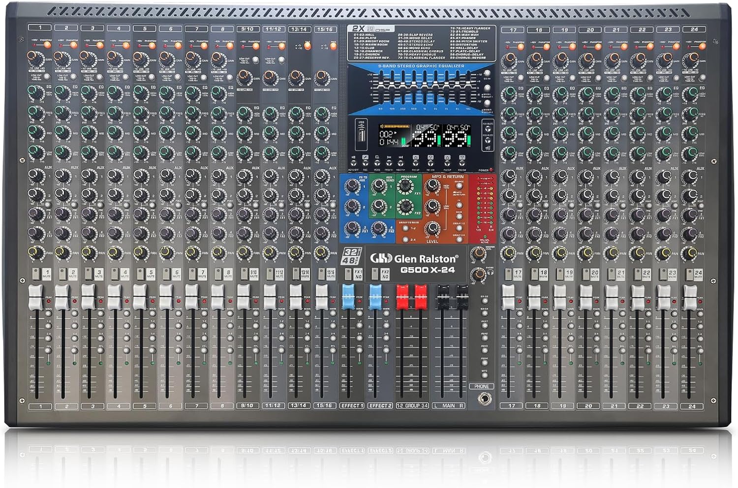 G500X 12 16 20 24 32 Channels Audio Mixer, 99 DIGITAL EFFECTS LCD Display，Bluetooth/USB Interface Processor MP3, Headphone,+48V Phantom For Karaoke Studio Streaming Recording Stage (G500X-24)
