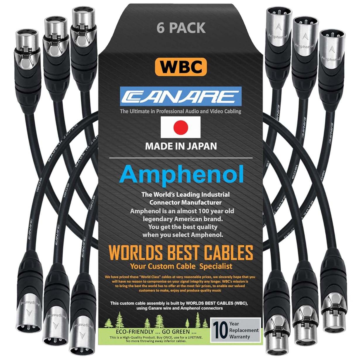 WORLDS BEST CABLES 6 Units - 1 Foot - Canare L-4E6S, Star Quad Balanced Male to Female Microphone Cables with Amphenol AX3M & AX3F Silver XLR Connectors - Custom Made