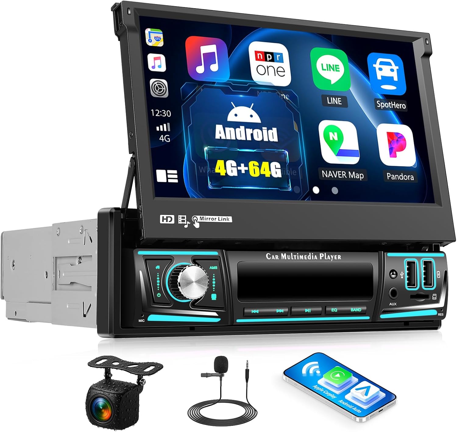 AMprime [4+64G] Android 13 Single Din Car Stereo with Wireless Carplay & Android Auto,7'' Flip Out Touch Screen Car Radio with Mirror Link GPS WiFi FM/RDS BT EQ DSP USB Music/Fast Charging