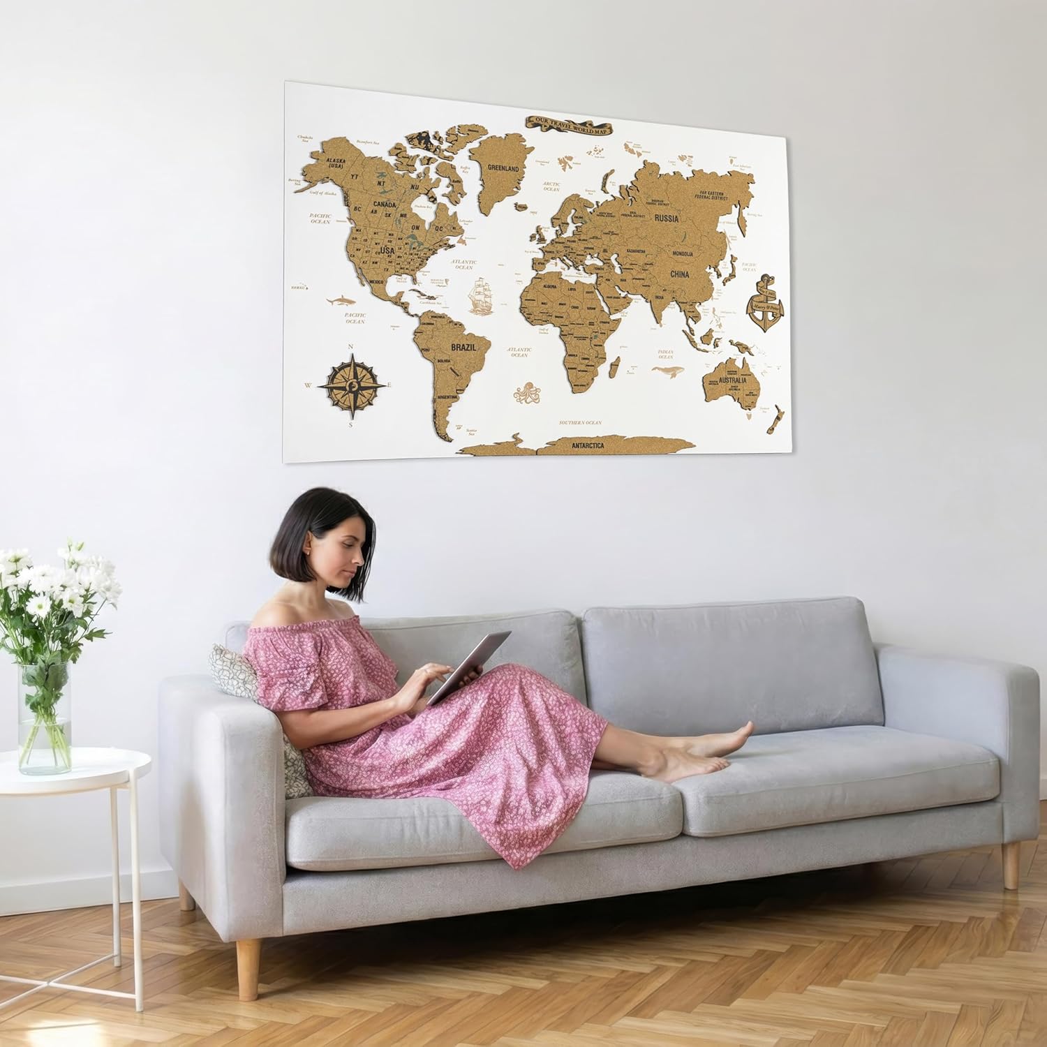 Colorfull Worlds Unframed White Cork World Map Wall Art – 35 x 23 inches – 1-Piece Design – Travel Pin Board – Modern Office & Home Decor