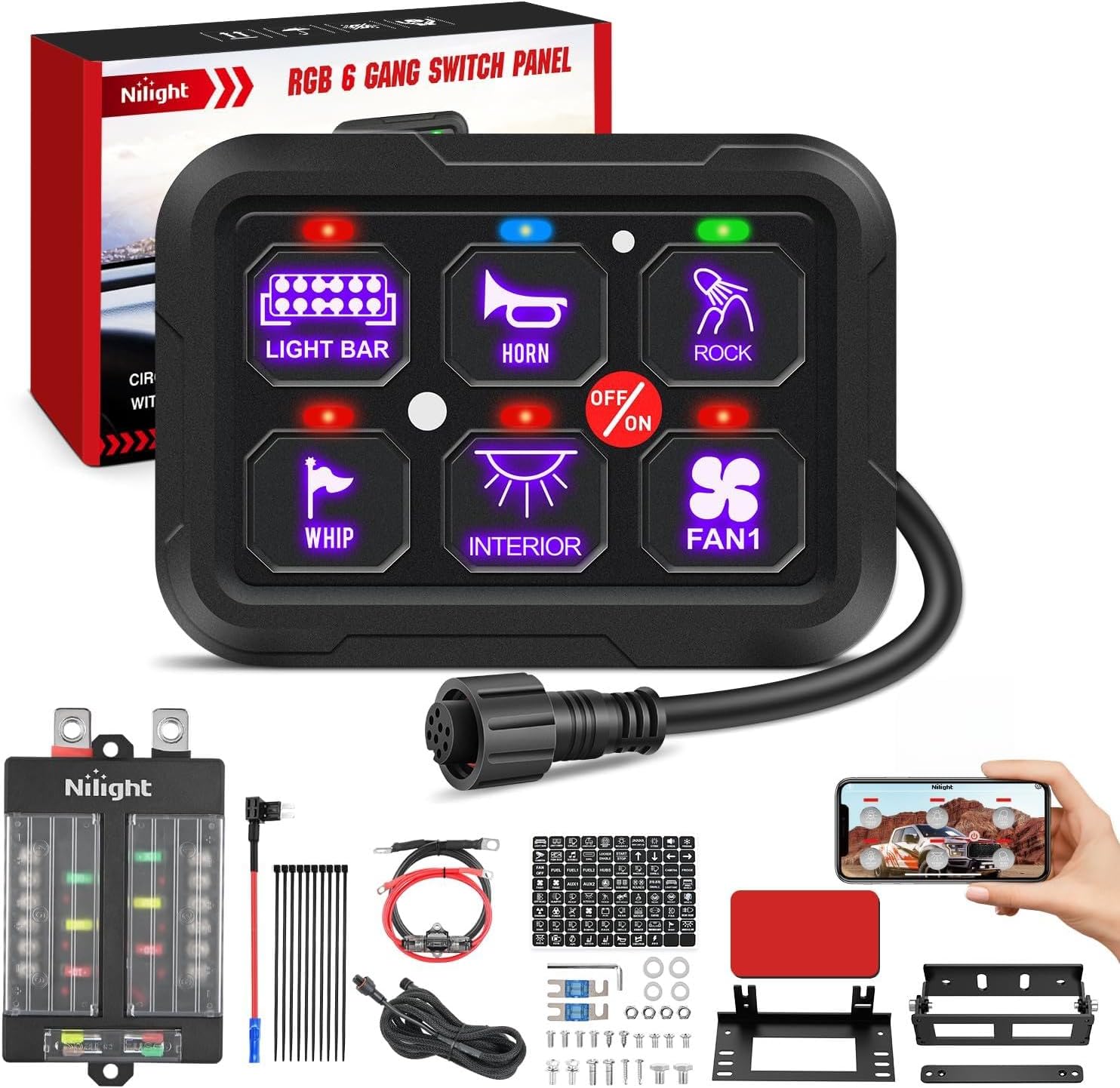 Nilight 6 Gang Switch Panel 12V 24V Universal Circuit Control Relay System with RGB Backlight APP Fuse Wiring Harness Automatic Dimmable ON Off LED Switches Pod for Car Pickup Truck Camper SUV